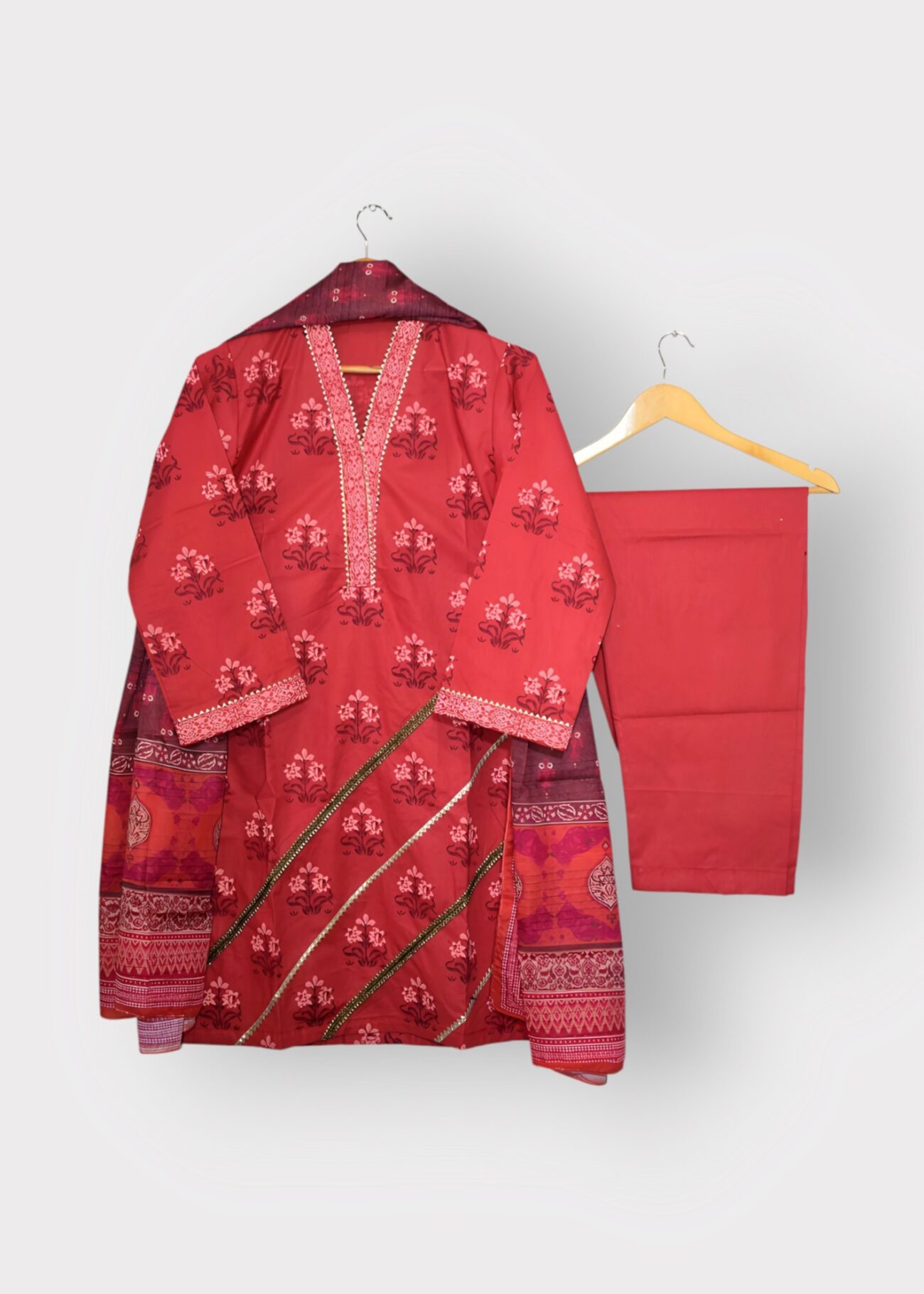 Ruby Red - 3 Piece Hand Screen Printed with Lawn Dupatta