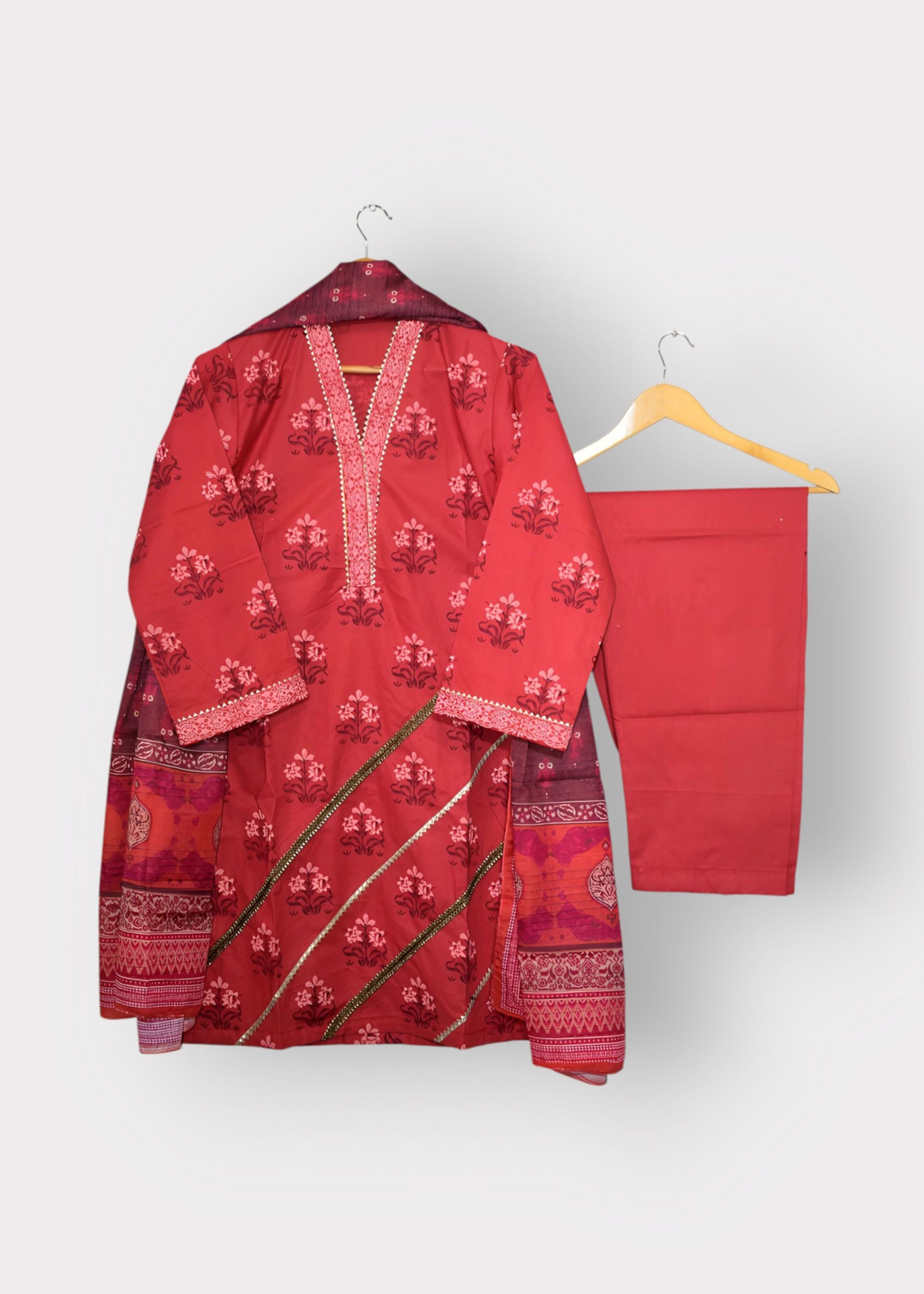 Ruby Red - 3 Piece Hand Screen Printed with Lawn Dupatta