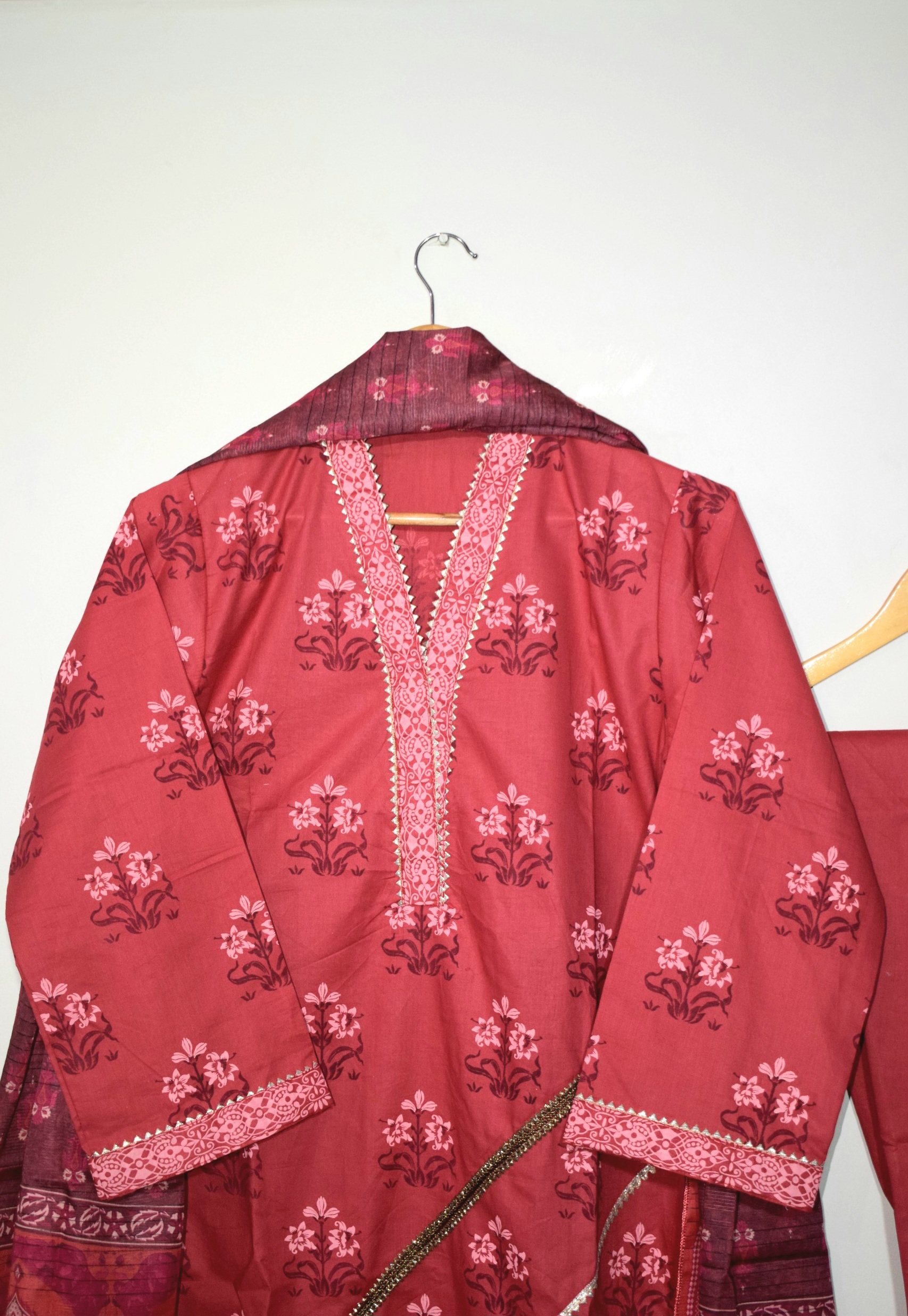 Ruby Red - 3 Piece Hand Screen Printed with Lawn Dupatta - Image 2