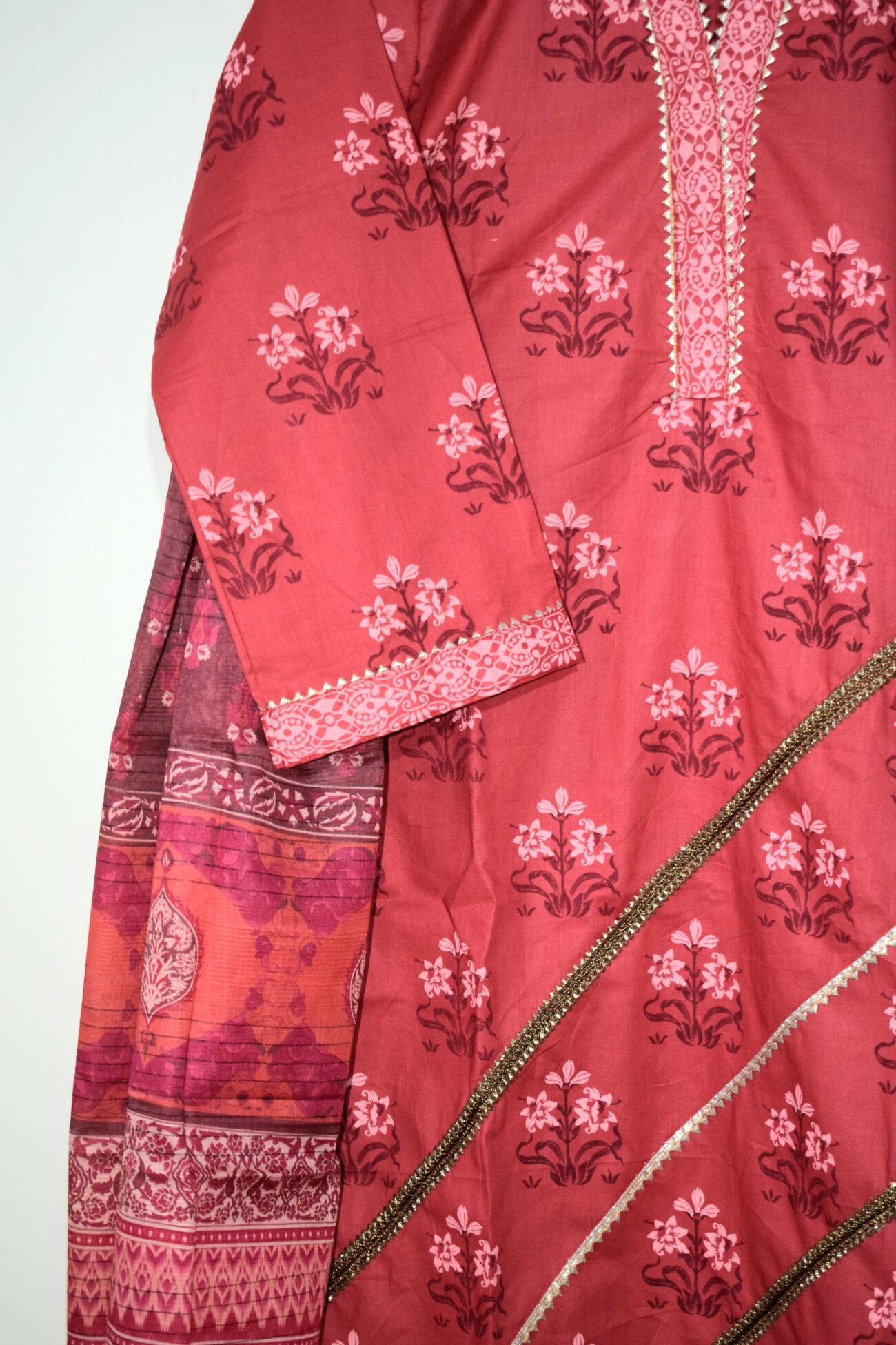 Ruby Red - 3 Piece Hand Screen Printed with Lawn Dupatta - Image 3