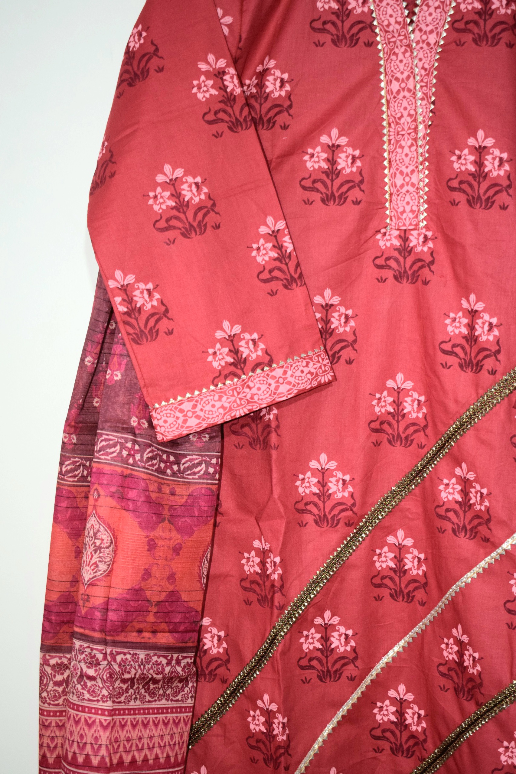 Ruby Red - 3 Piece Hand Screen Printed with Lawn Dupatta - Image 3
