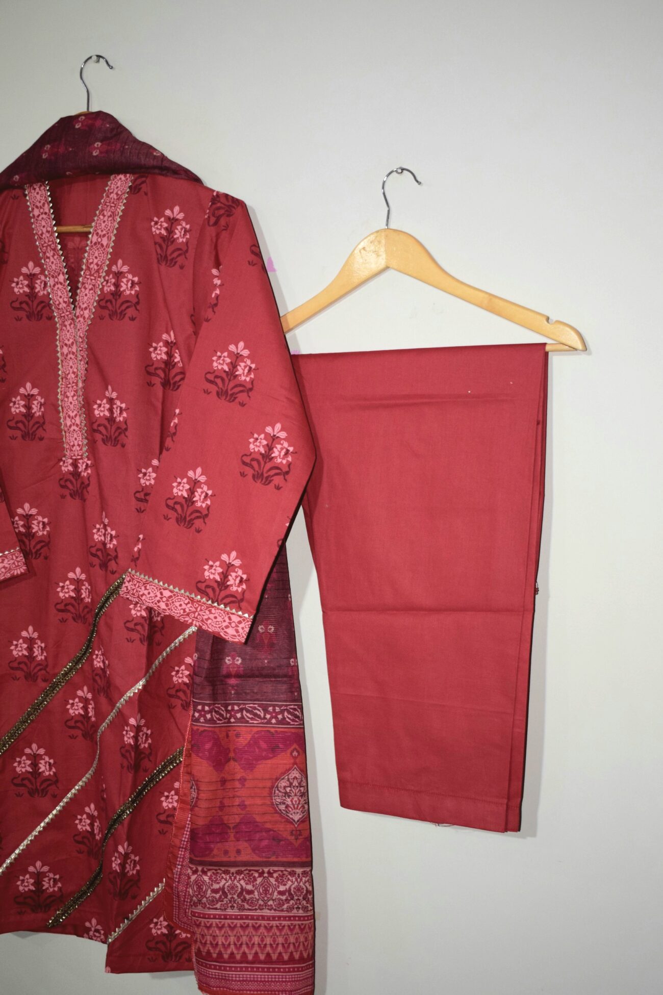 Ruby Red - 3 Piece Hand Screen Printed with Lawn Dupatta - Image 4