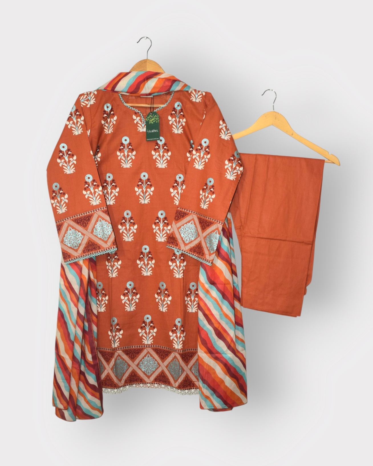 Rust – Premium 3 Piece Stitched Lawn Suit with Screen Printed Shirt, Matching Trouser & Striped Lawn Dupatta