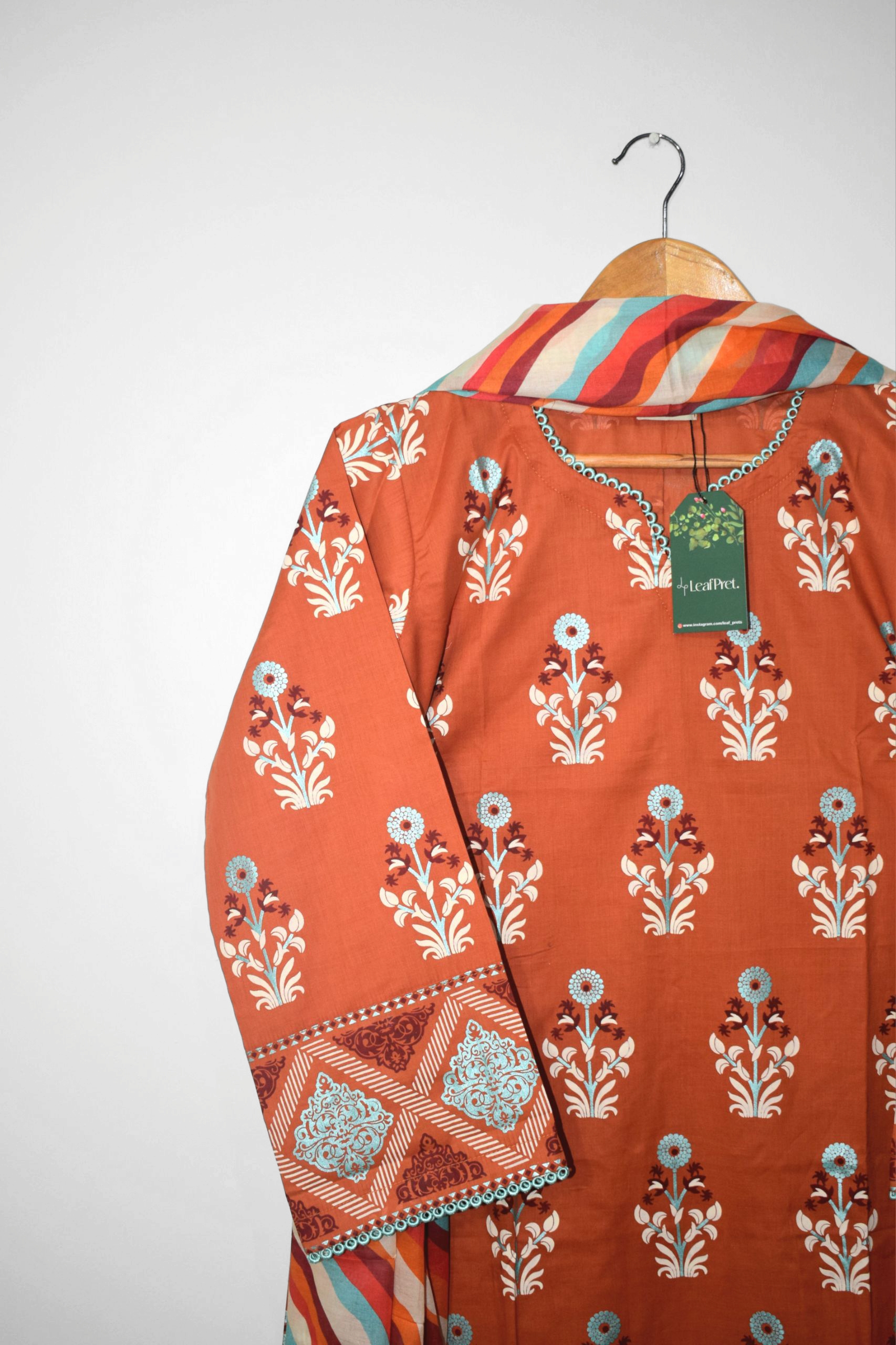 Rust – Premium 3 Piece Stitched Lawn Suit with Screen Printed Shirt, Matching Trouser & Striped Lawn Dupatta - Image 2