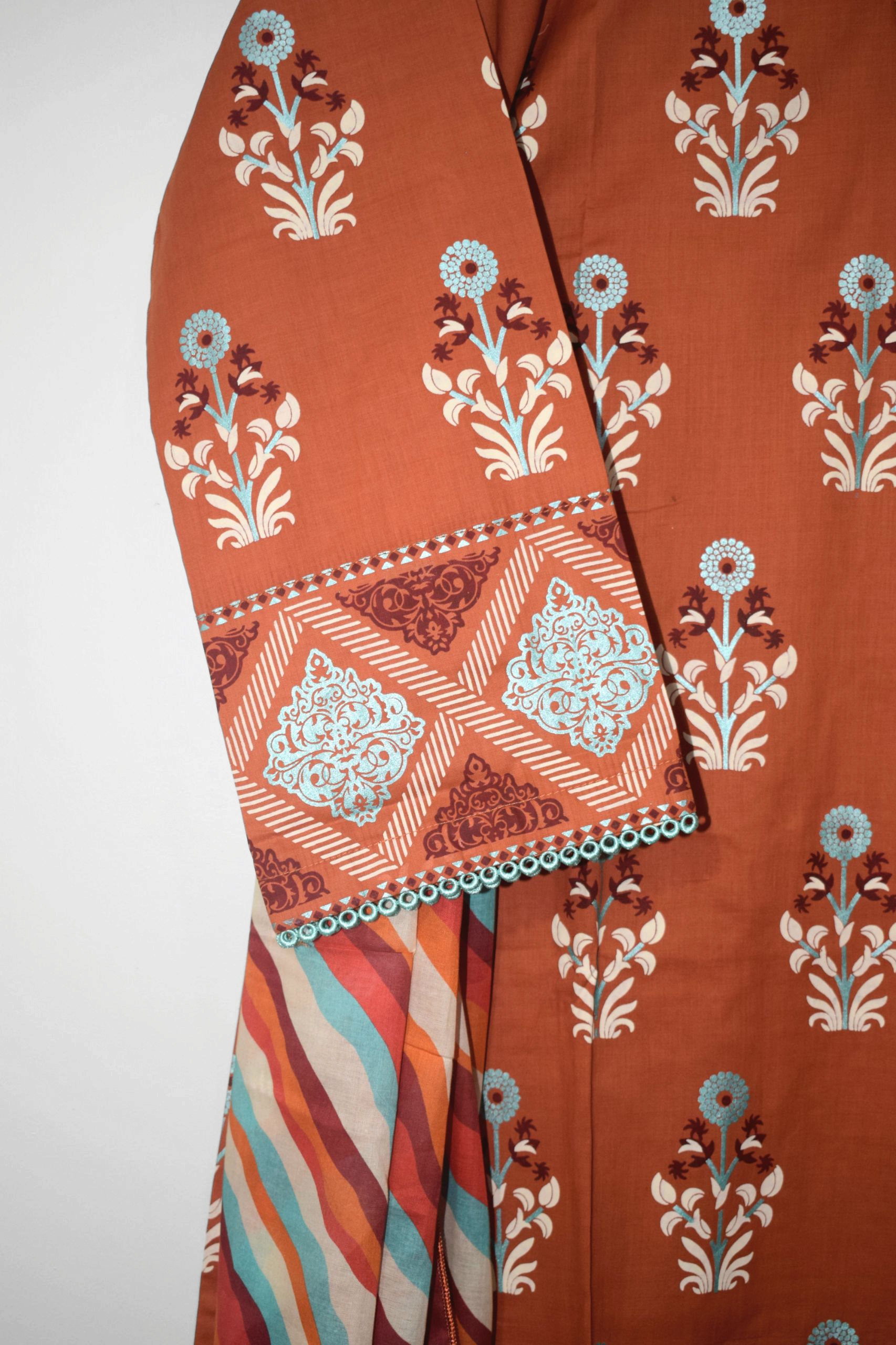 Rust – Premium 3 Piece Stitched Lawn Suit with Screen Printed Shirt, Matching Trouser & Striped Lawn Dupatta - Image 3