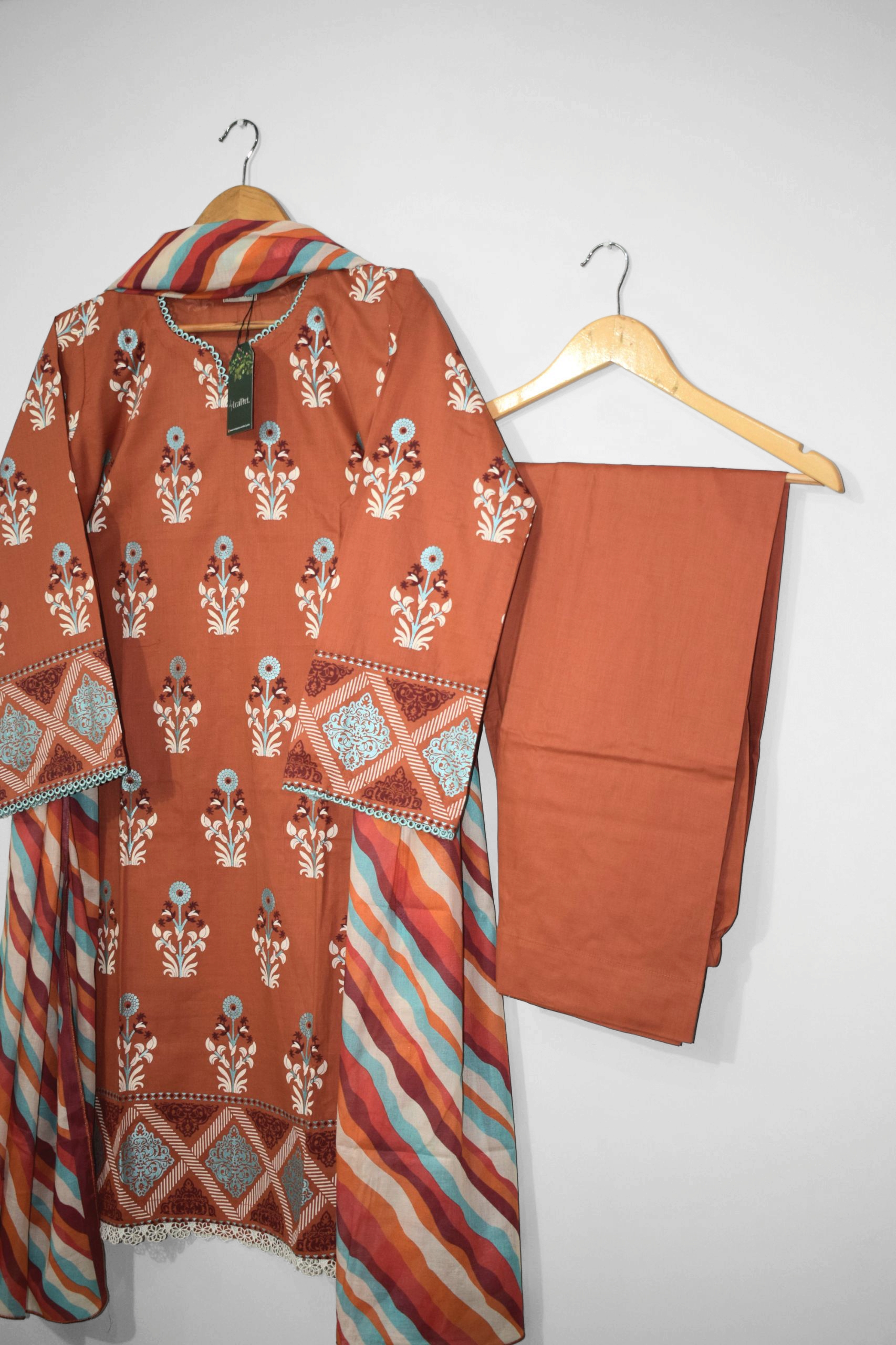 Rust – Premium 3 Piece Stitched Lawn Suit with Screen Printed Shirt, Matching Trouser & Striped Lawn Dupatta - Image 4