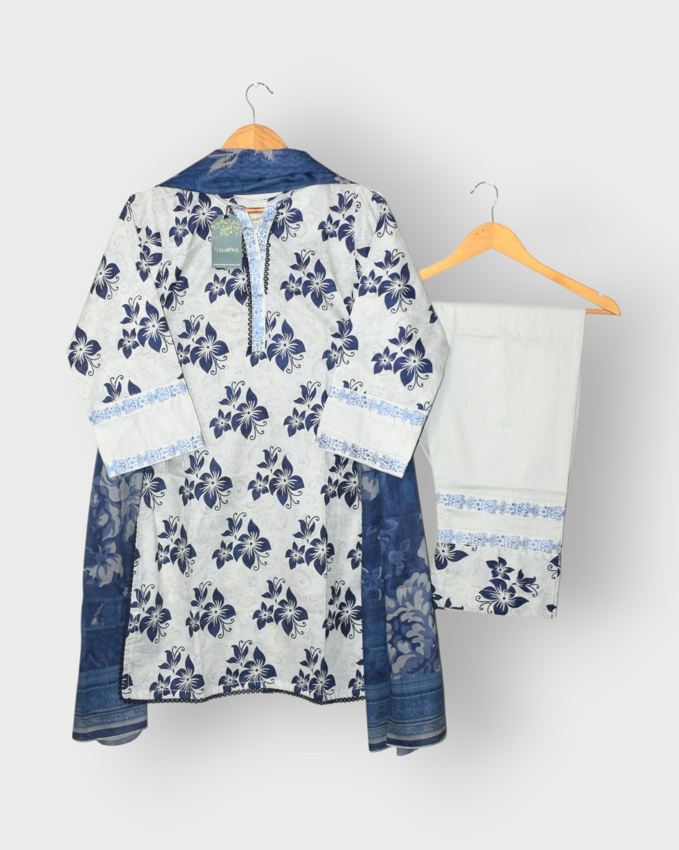 LeafPret women’s premium lawn suit Blue Bird design with floral shirt, printed borders and lawn dupatta