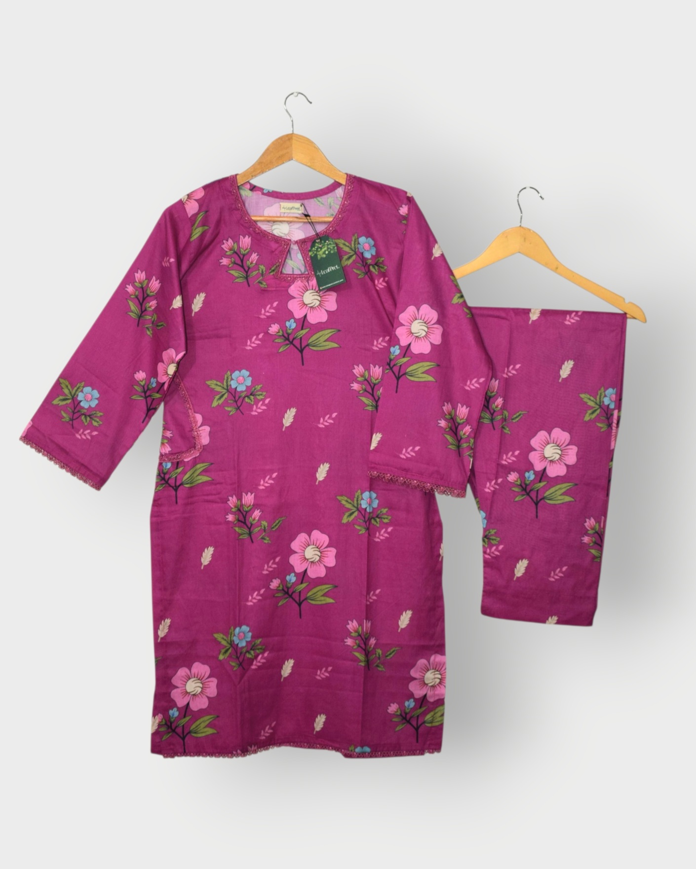 Magenta Floral Lawn 2-Piece Co-Ord Set – Front View | LeafPret Stitched Summer Suit ’25