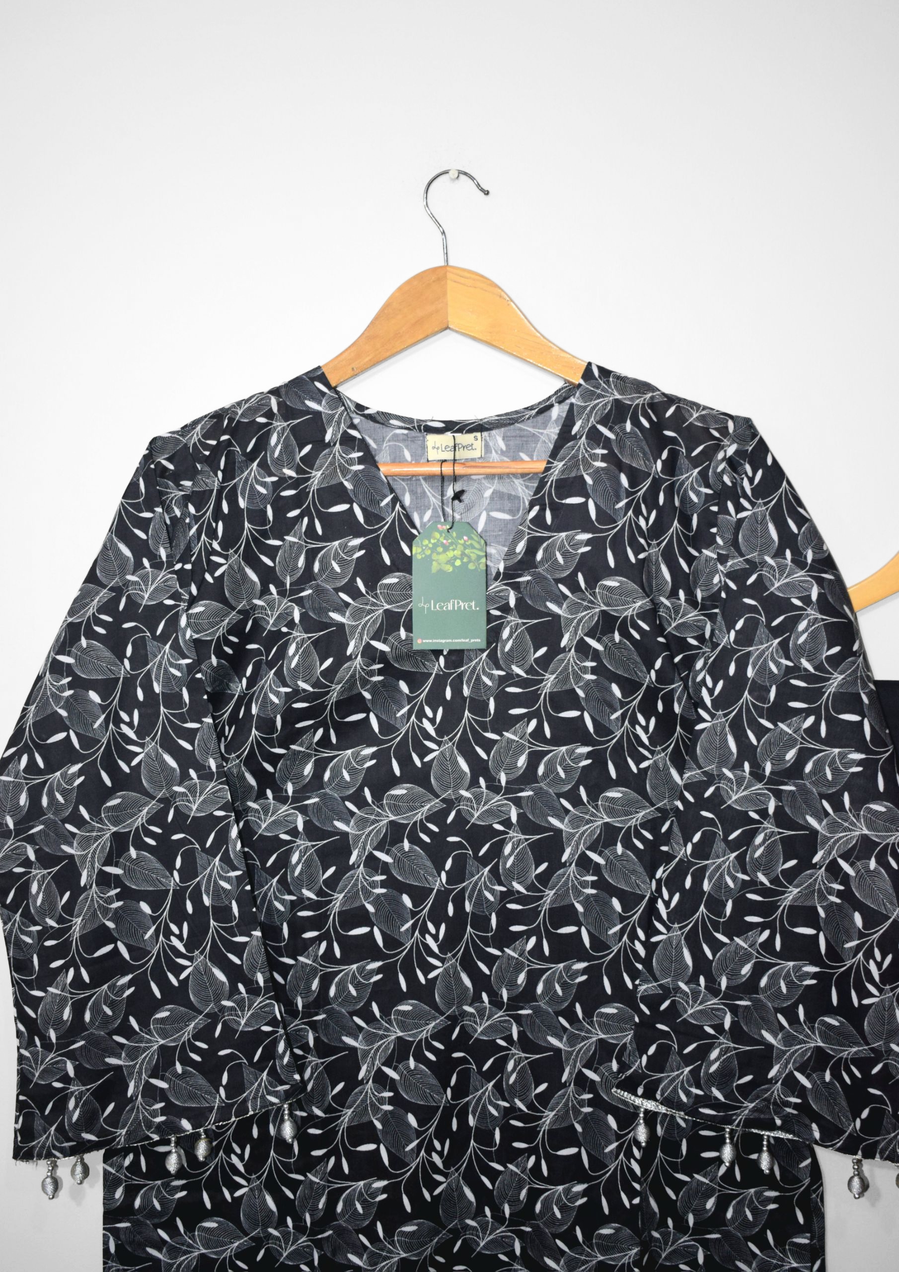 Ladies stitched black lawn 2 piece outfit with white digital print shirt and printed hem trousers Pakistan