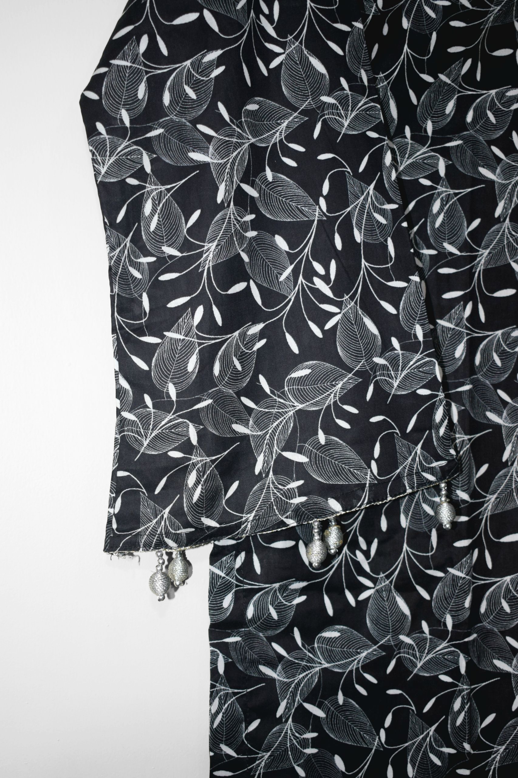 Stitched black lawn 2 piece dress with white digital print and pearl detailing, ready to wear for women Pakistan