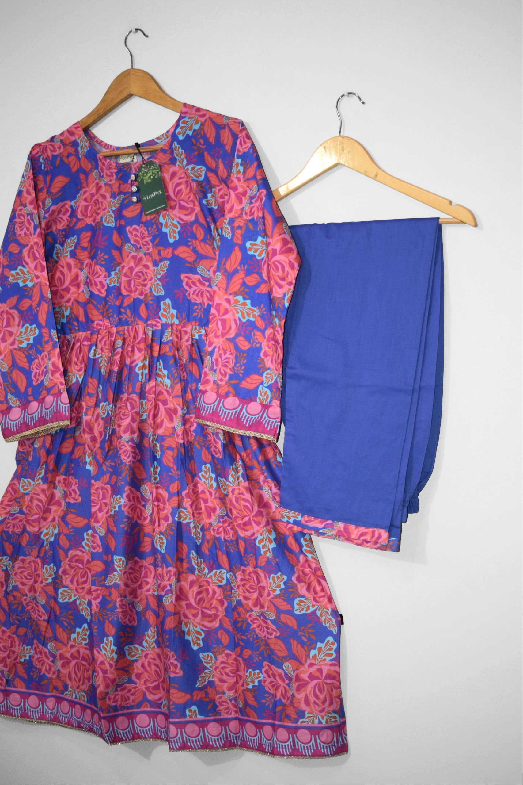 Royal Bloom 2-piece frock set trouser – solid royal blue stitched lawn.