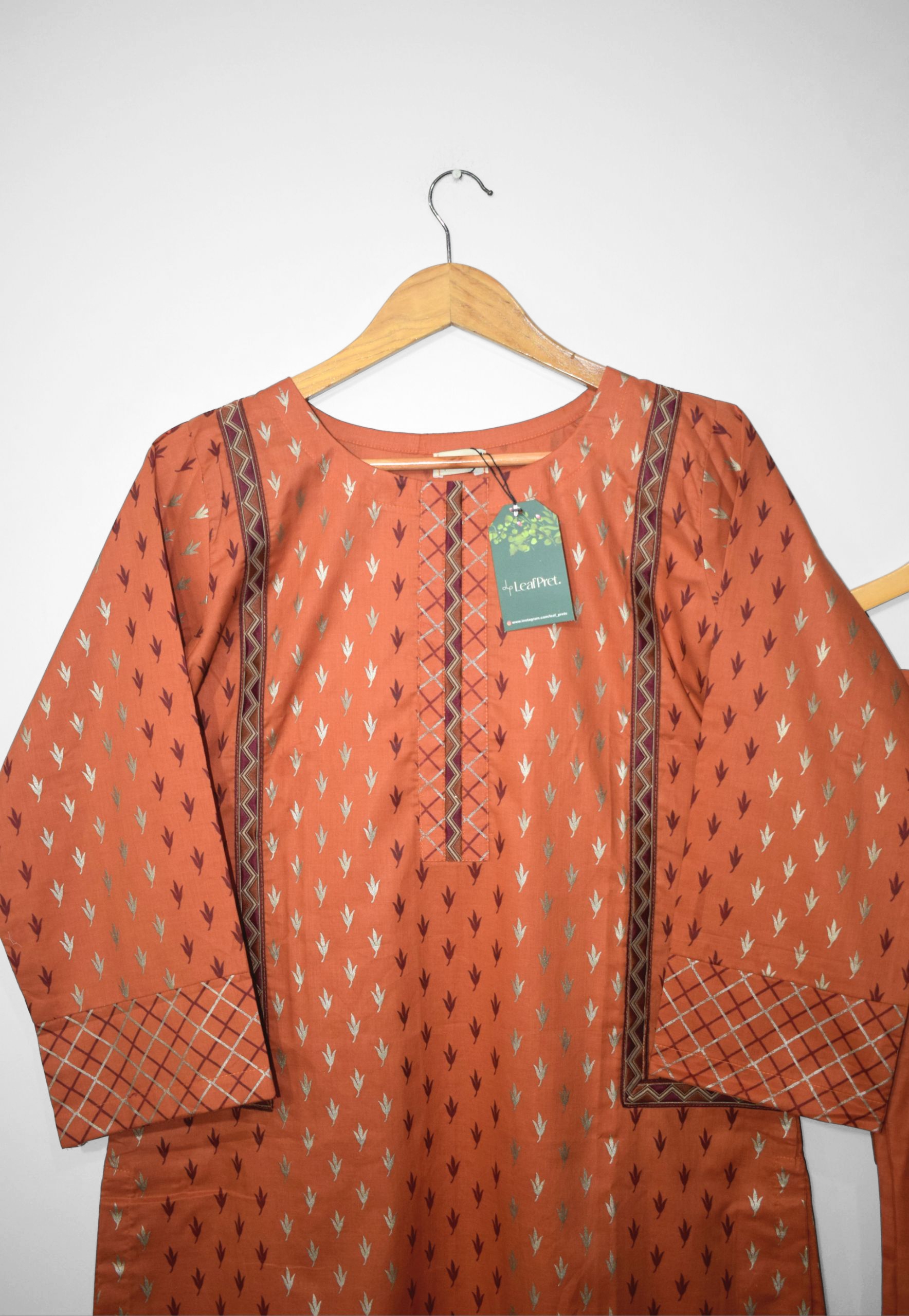 Leafline Stitched Lawn Shirt with Round Neck and Front Patti Detailing