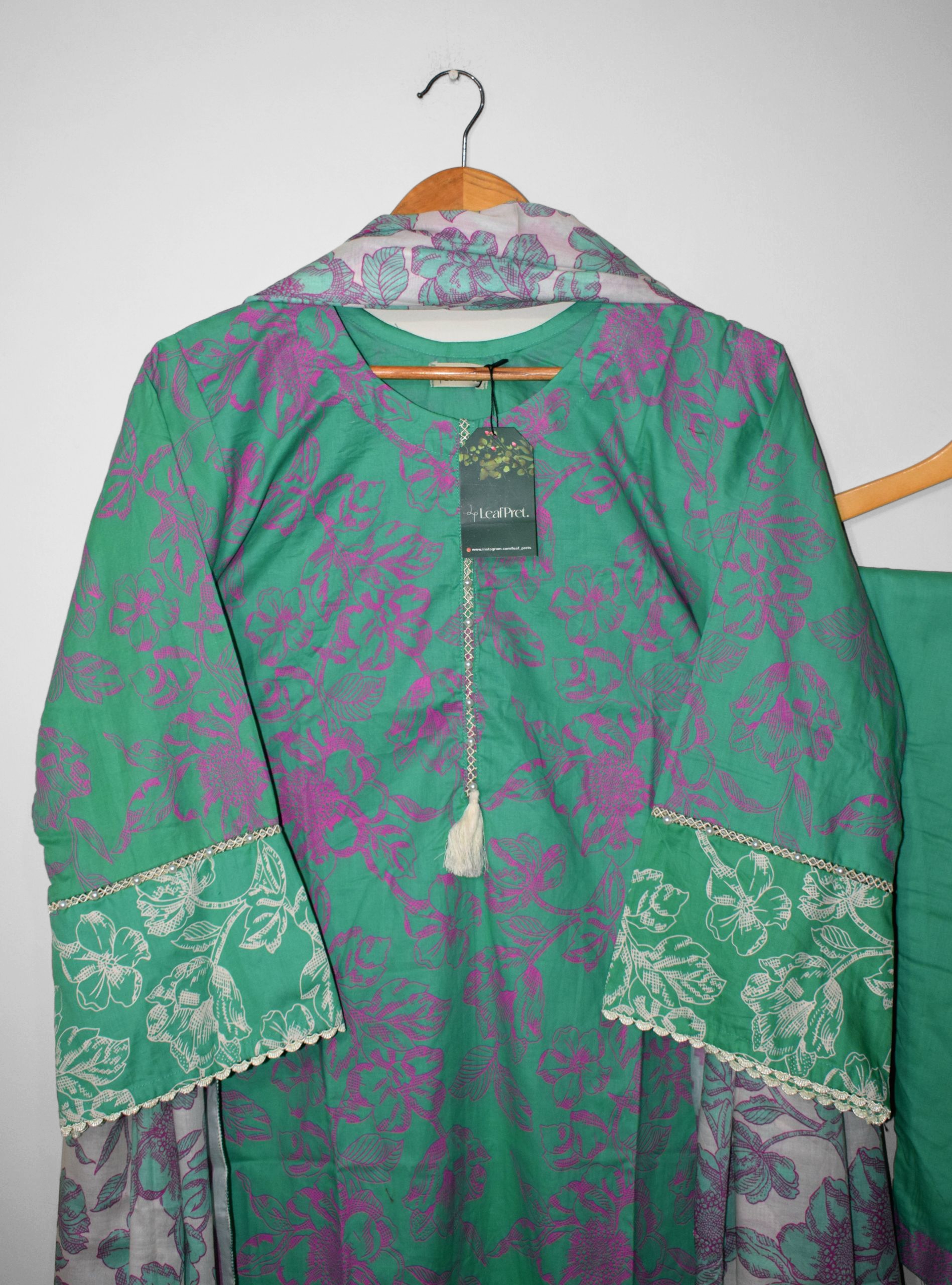 Petal Mint Lawn Shirt with Floral Screen Print and Styled Neckline