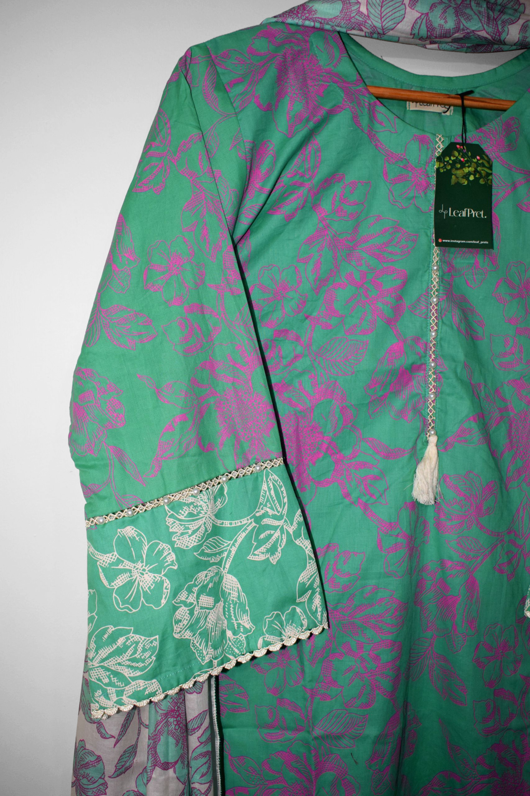 Petal Mint Lawn Shirt Sleeve Design with Floral Screen Print