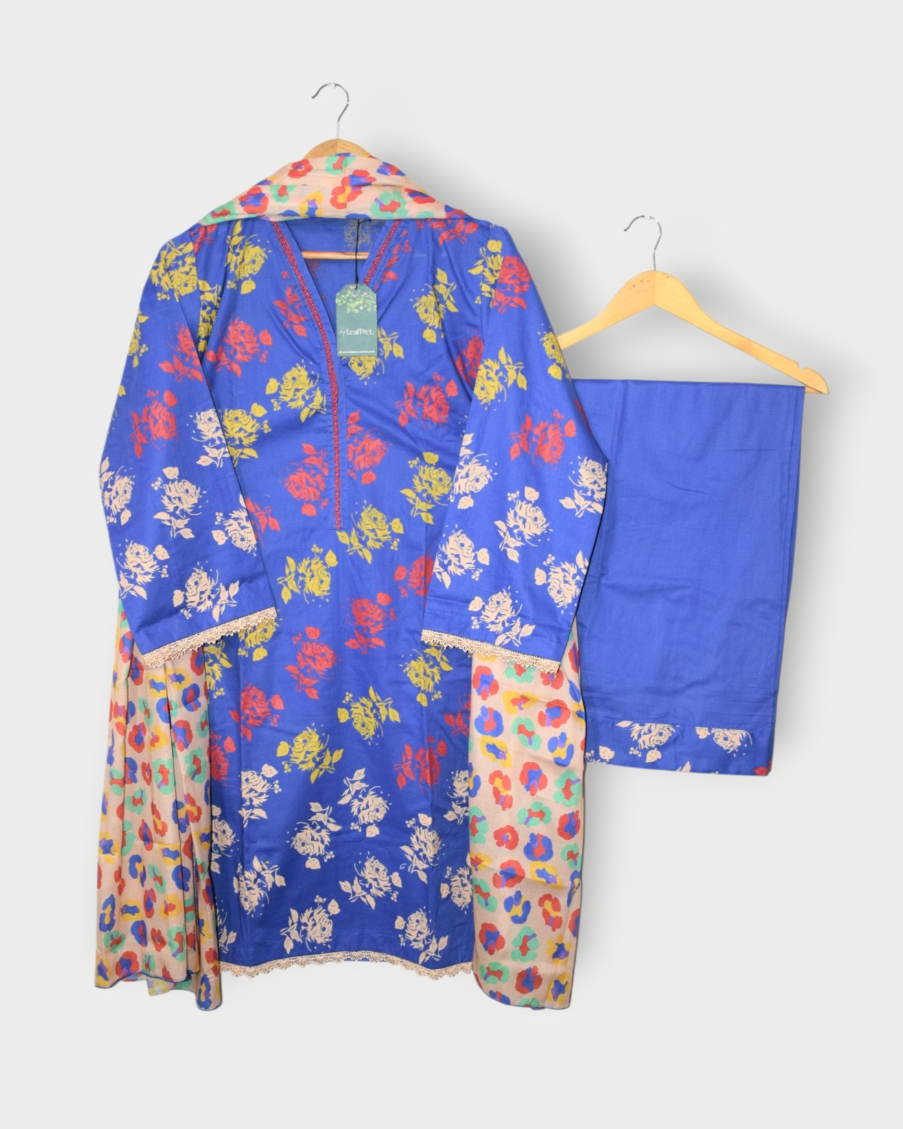 Royal Roses 3-piece stitched lawn suit by LeafPret – royal blue floral printed shirt, trouser & dupatta.