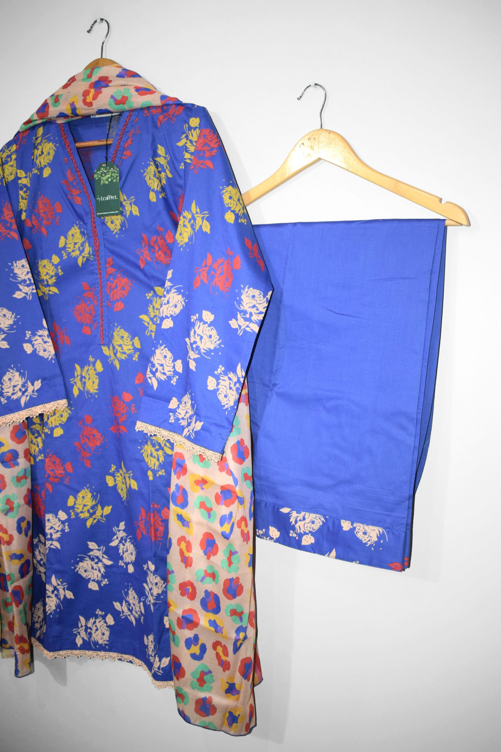 Royal Roses stitched lawn trouser by LeafPret in royal blue wide style.