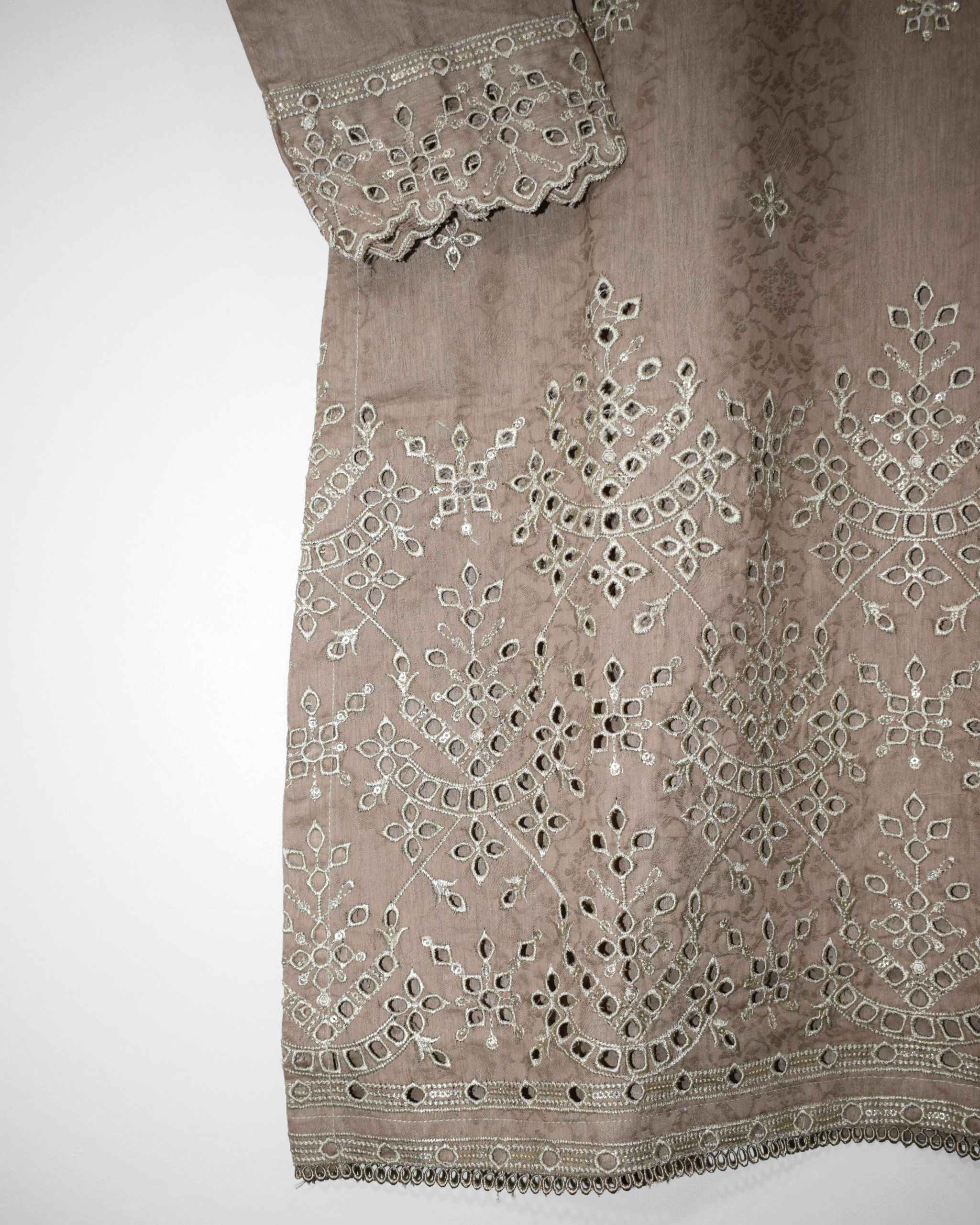 Daman embroidery of Brown Chikankari Suit