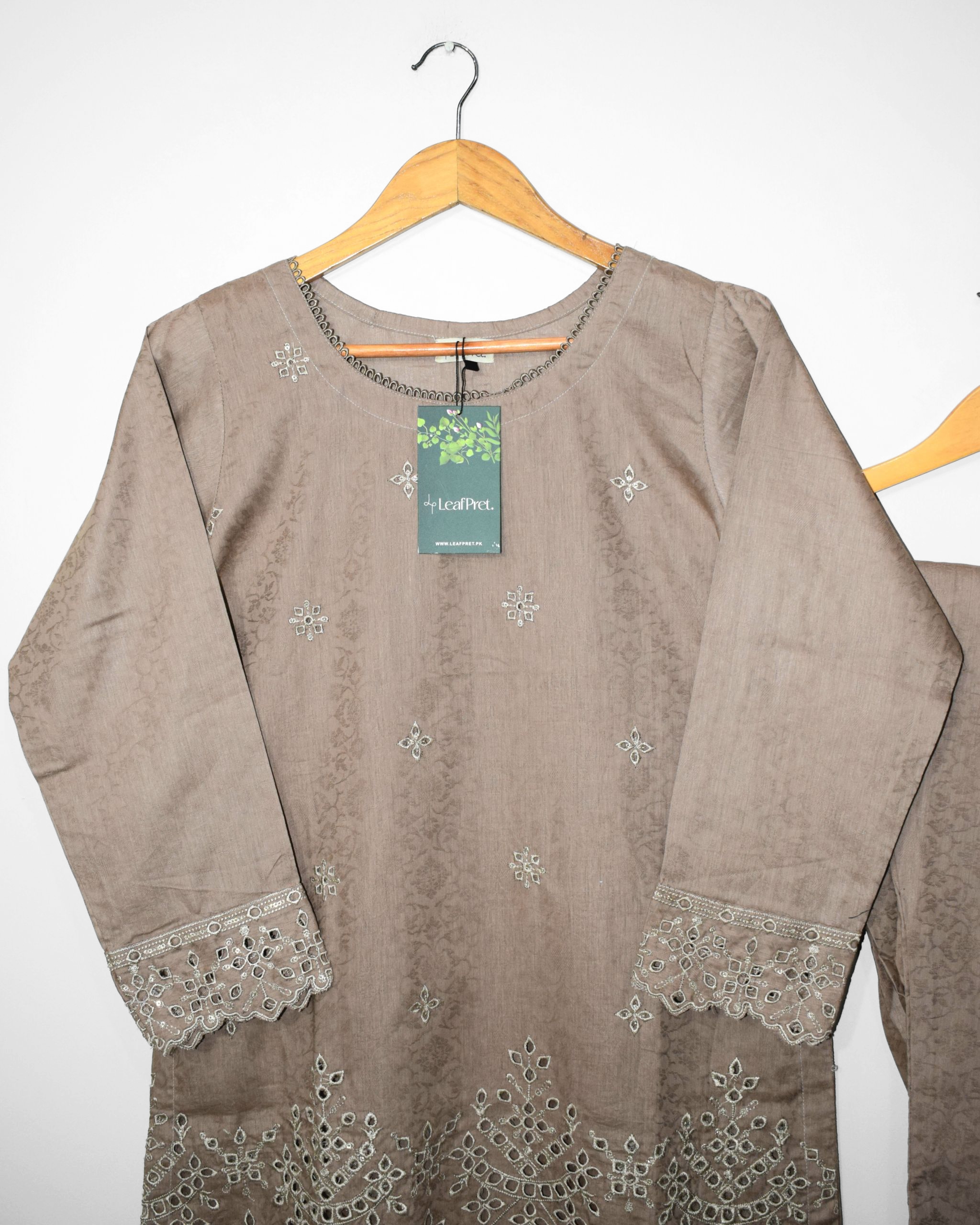 Neckline detail of Brown Chikankari Suit