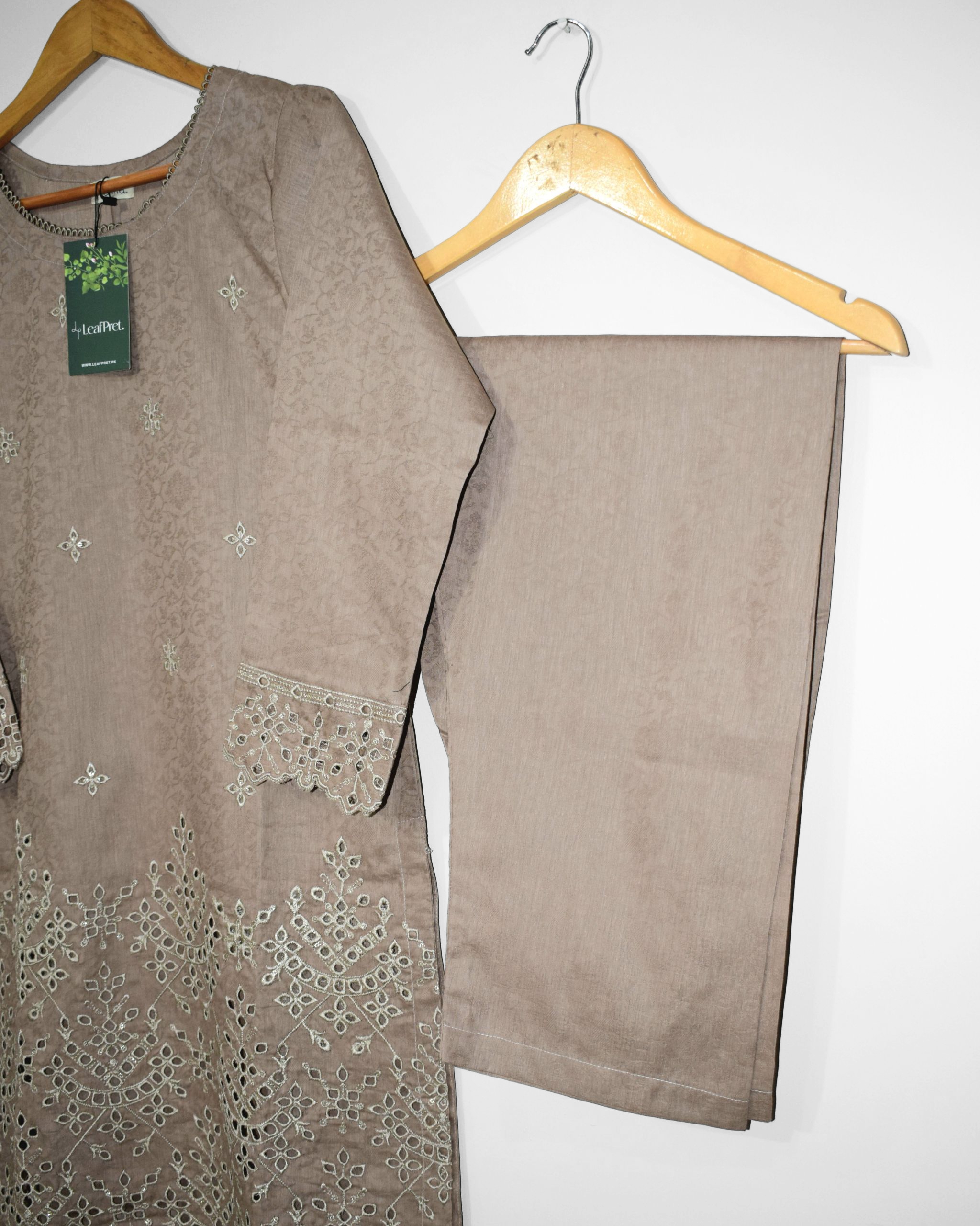 Trouser view of Brown Chikankari Suit