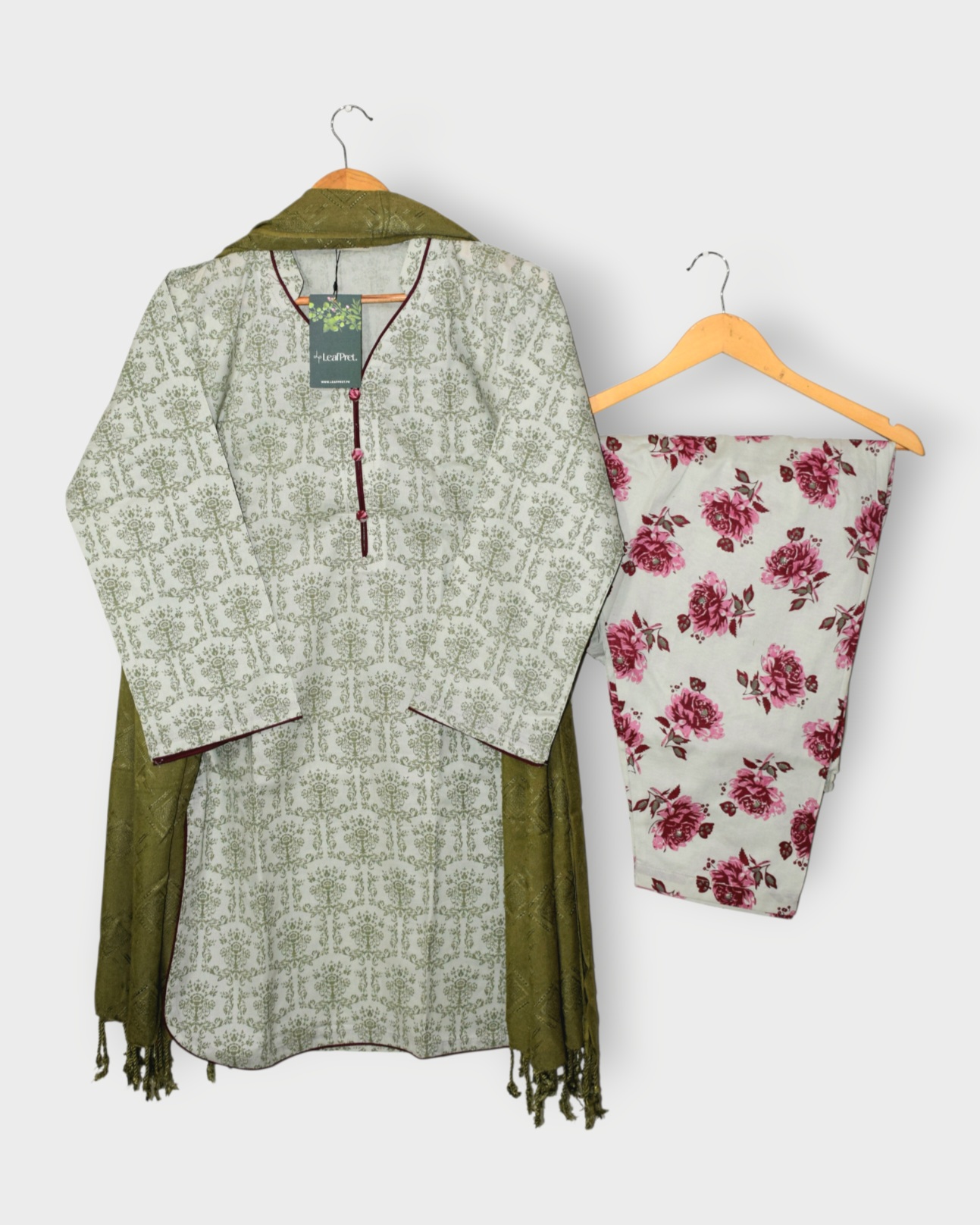 LeafPret Olive & Rose 3-piece stitched suit front view — sage-green botanical shirt with rose-print shalwar and olive shawl.