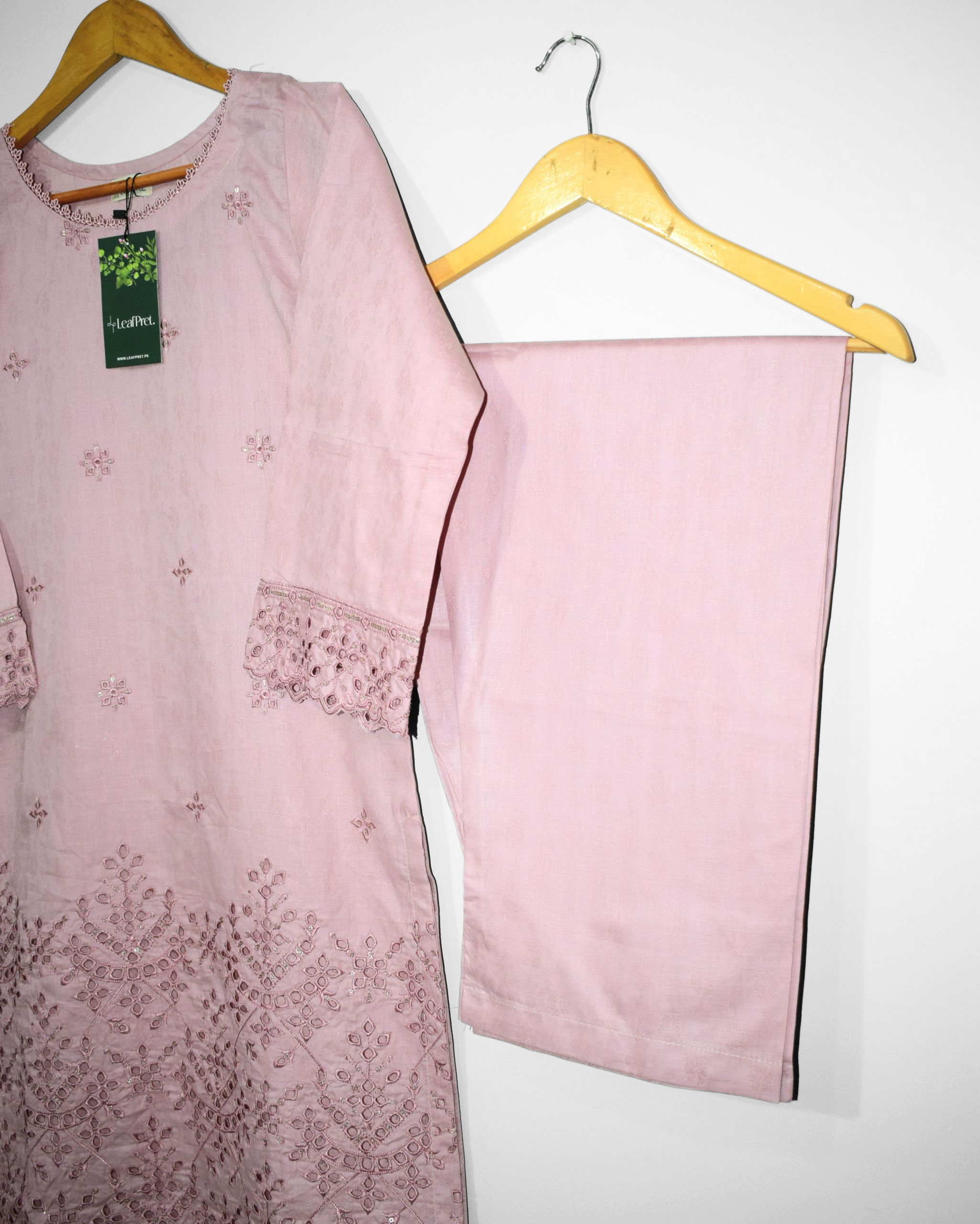 Trouser view of Pink Chikankari Suit