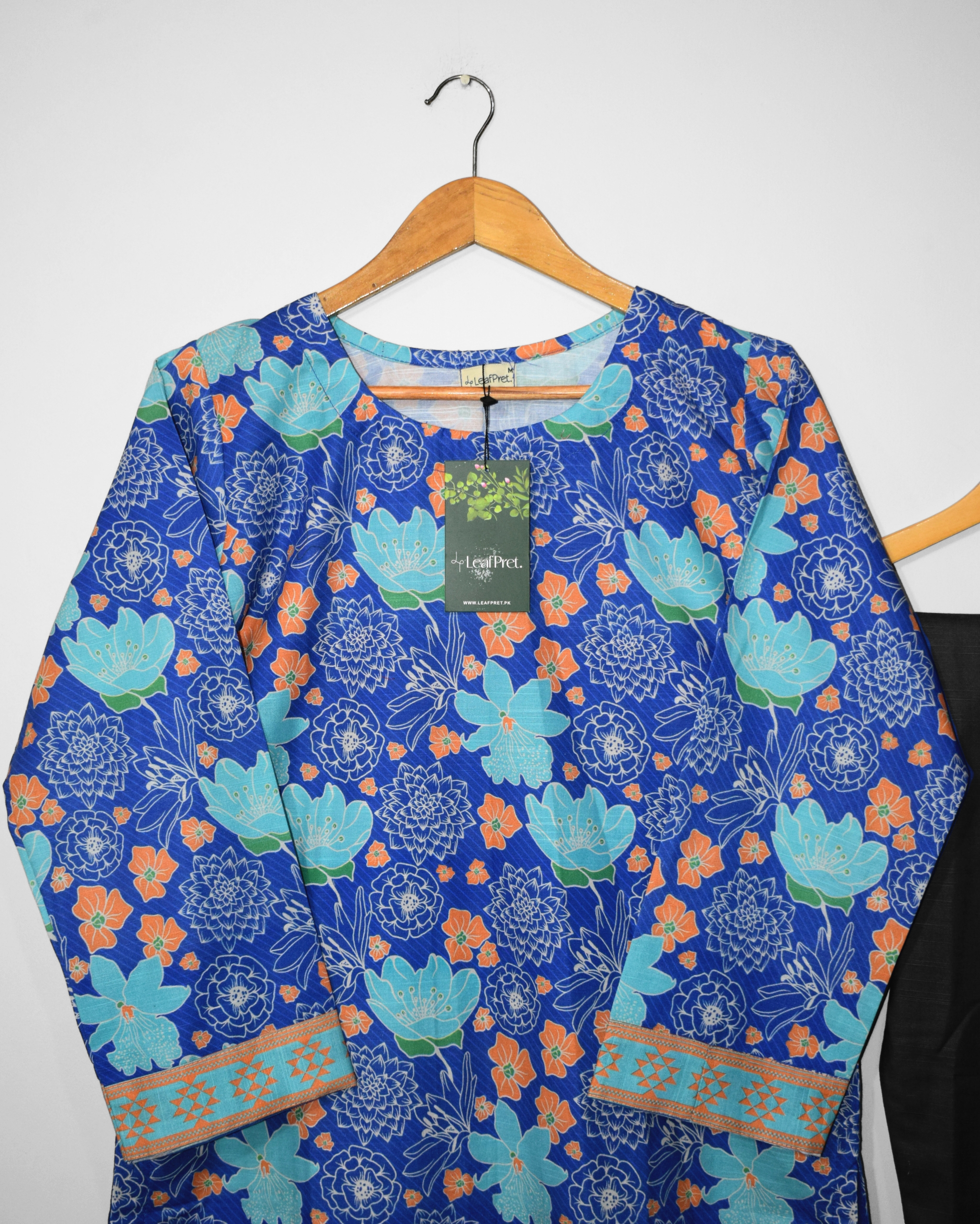 Bluemist khaddar shirt neckline detail with winter-inspired print