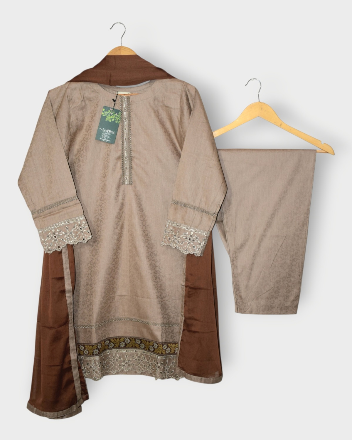 Beige Dusk 3 piece stitched self jacquard suit with chiffon dupatta by LeafPret