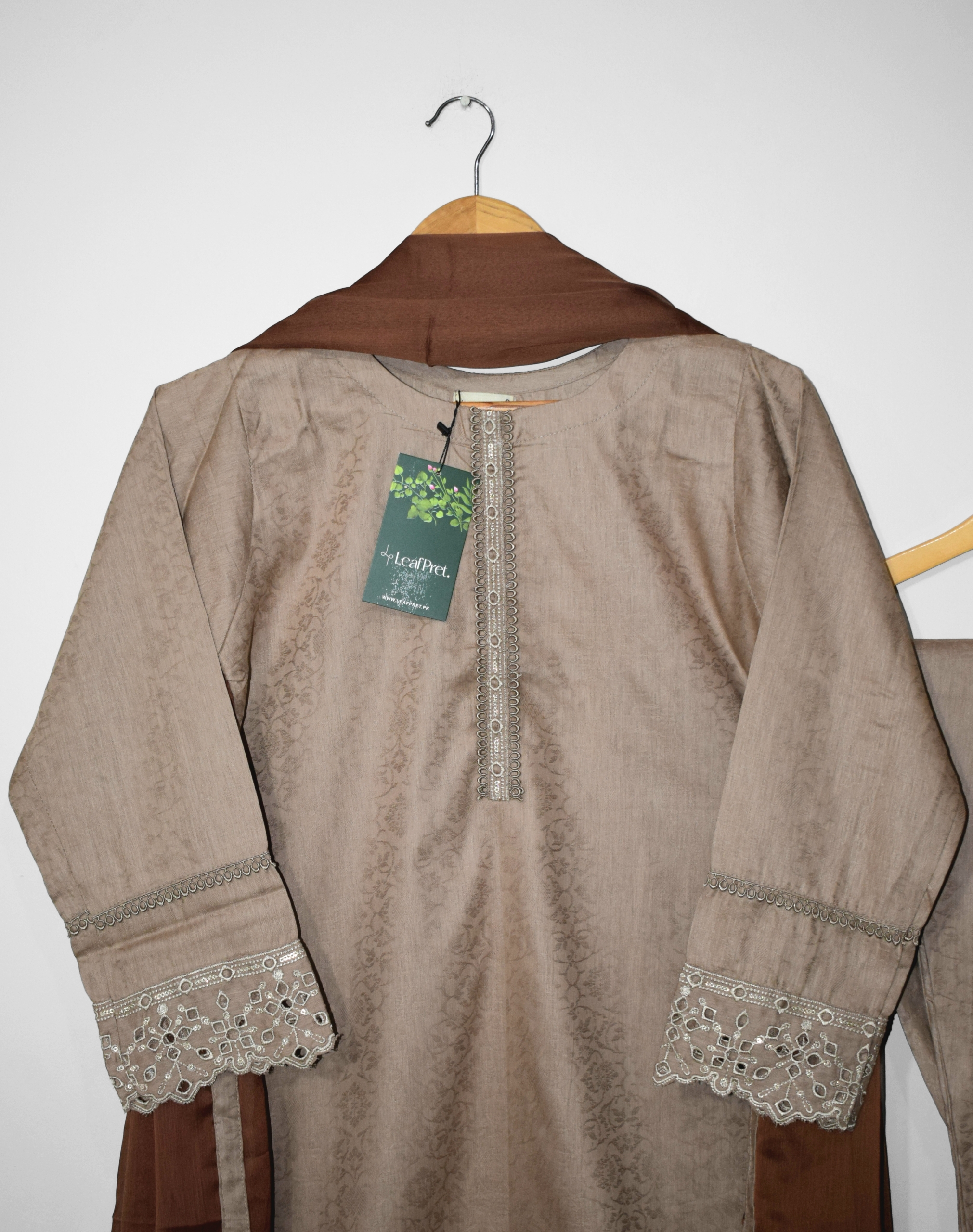 Beige Dusk embroidered neckline self jacquard shirt