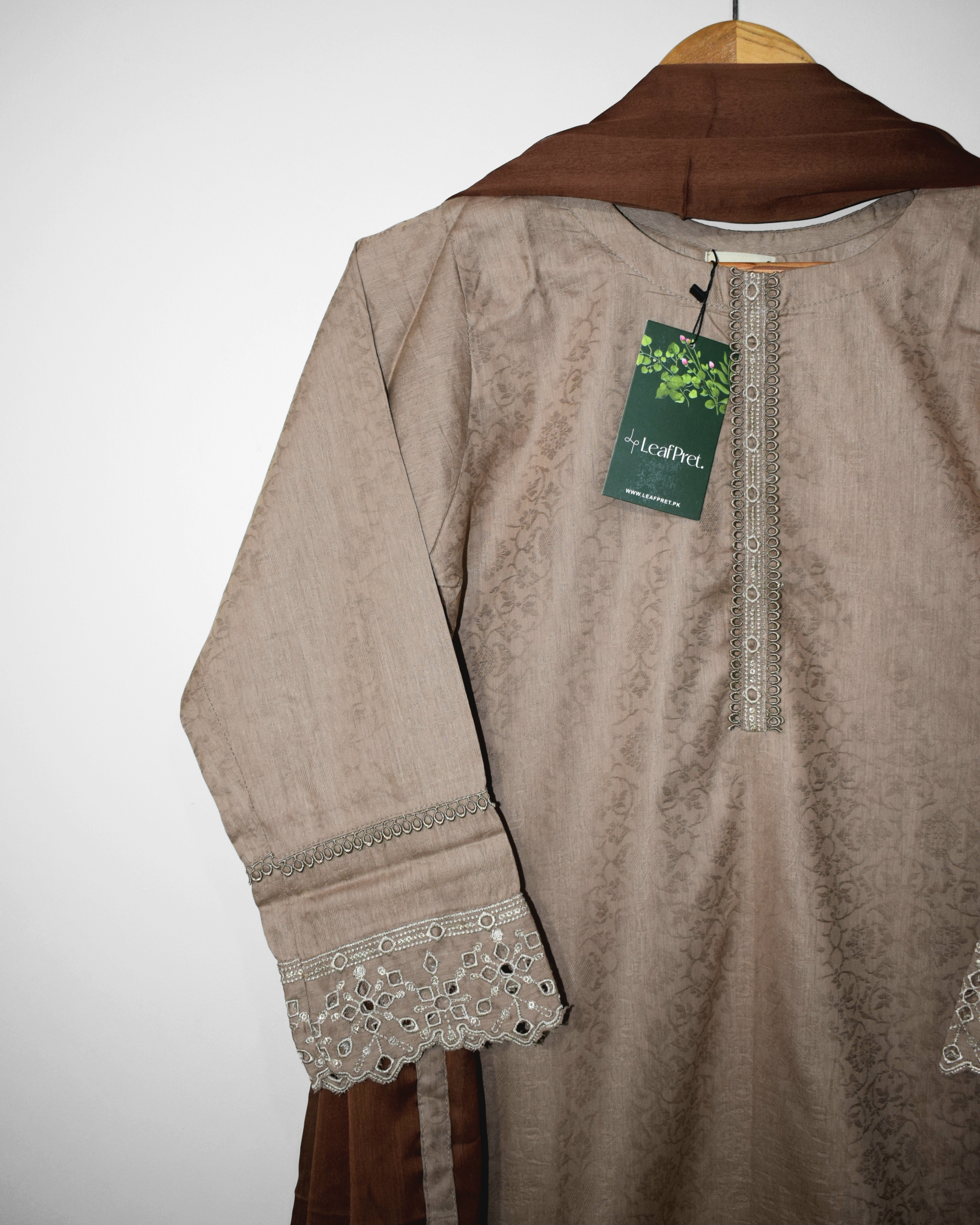 Beige Dusk embroidered sleeves with lace detailing