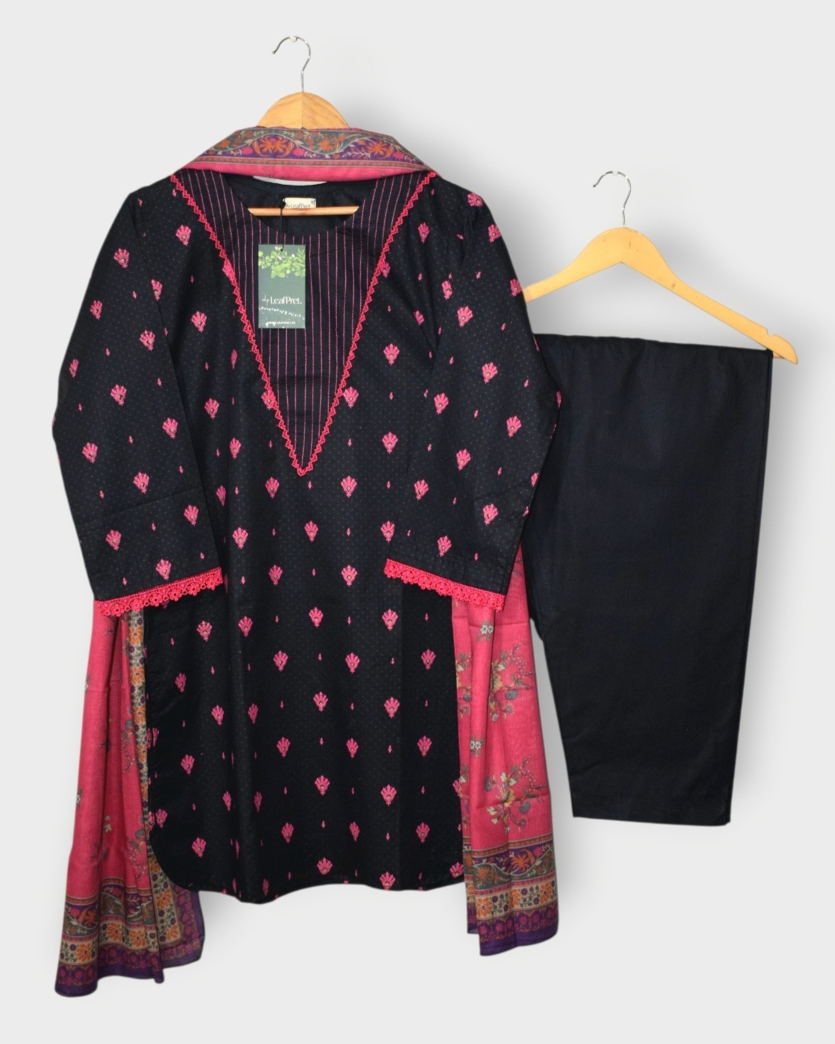 Black Ruby 3-piece stitched cotton suit with lawn dupatta by LeafPret
