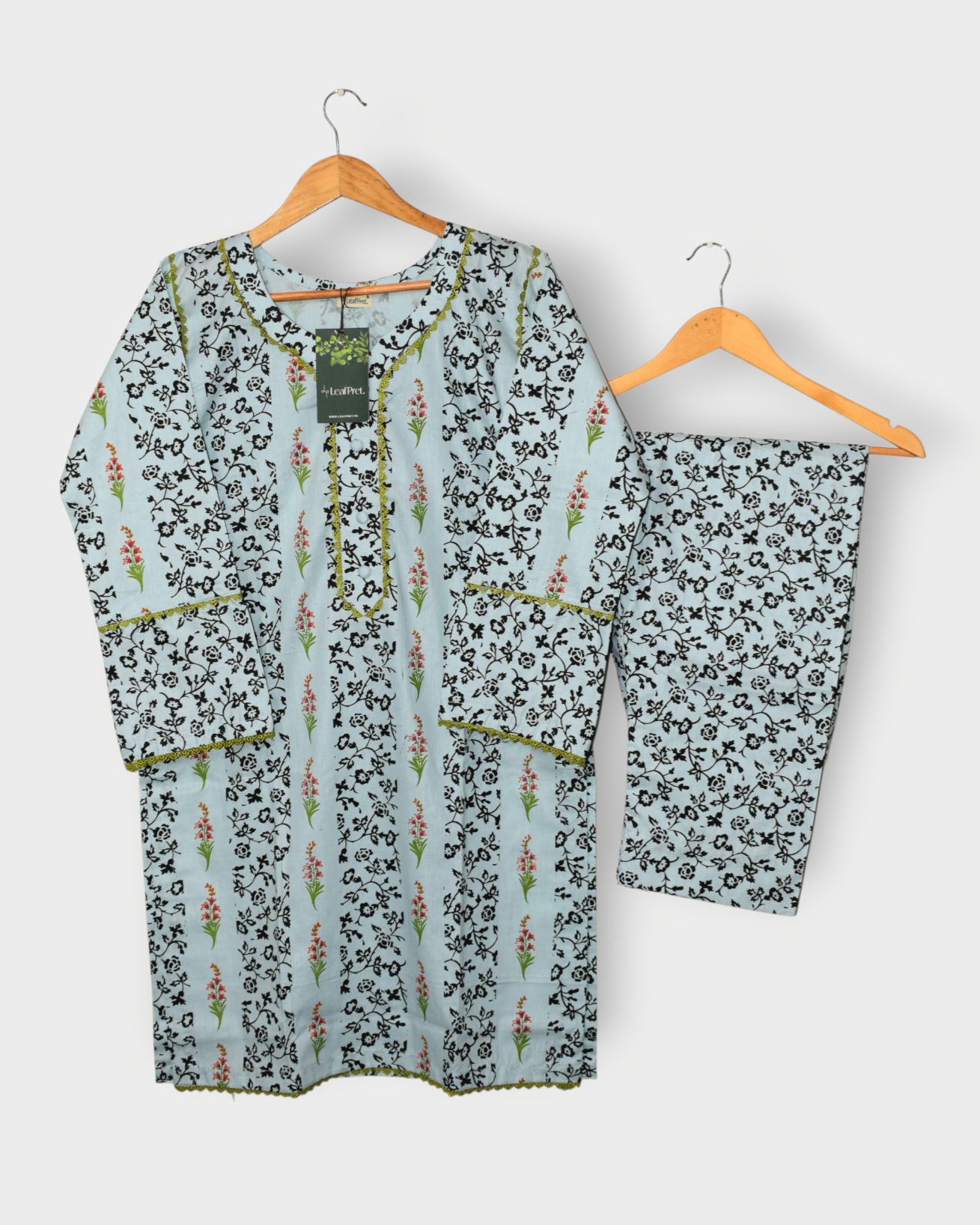 Bloomline 2-piece stitched cotton suit with black floral screen prints and lace detailing by LeafPret