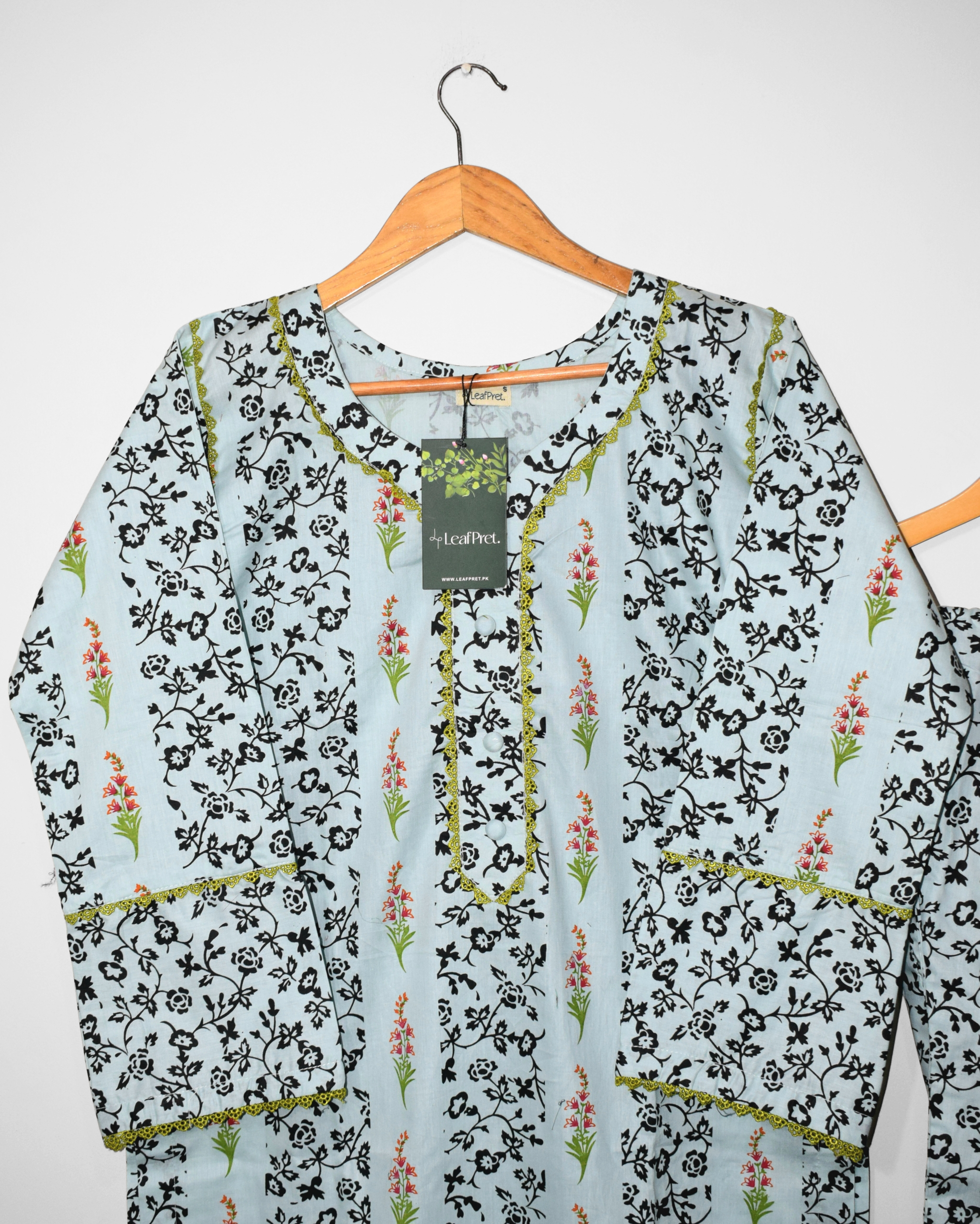 Bloomline 2-piece stitched cotton suit with black floral screen prints and lace detailing by LeafPret