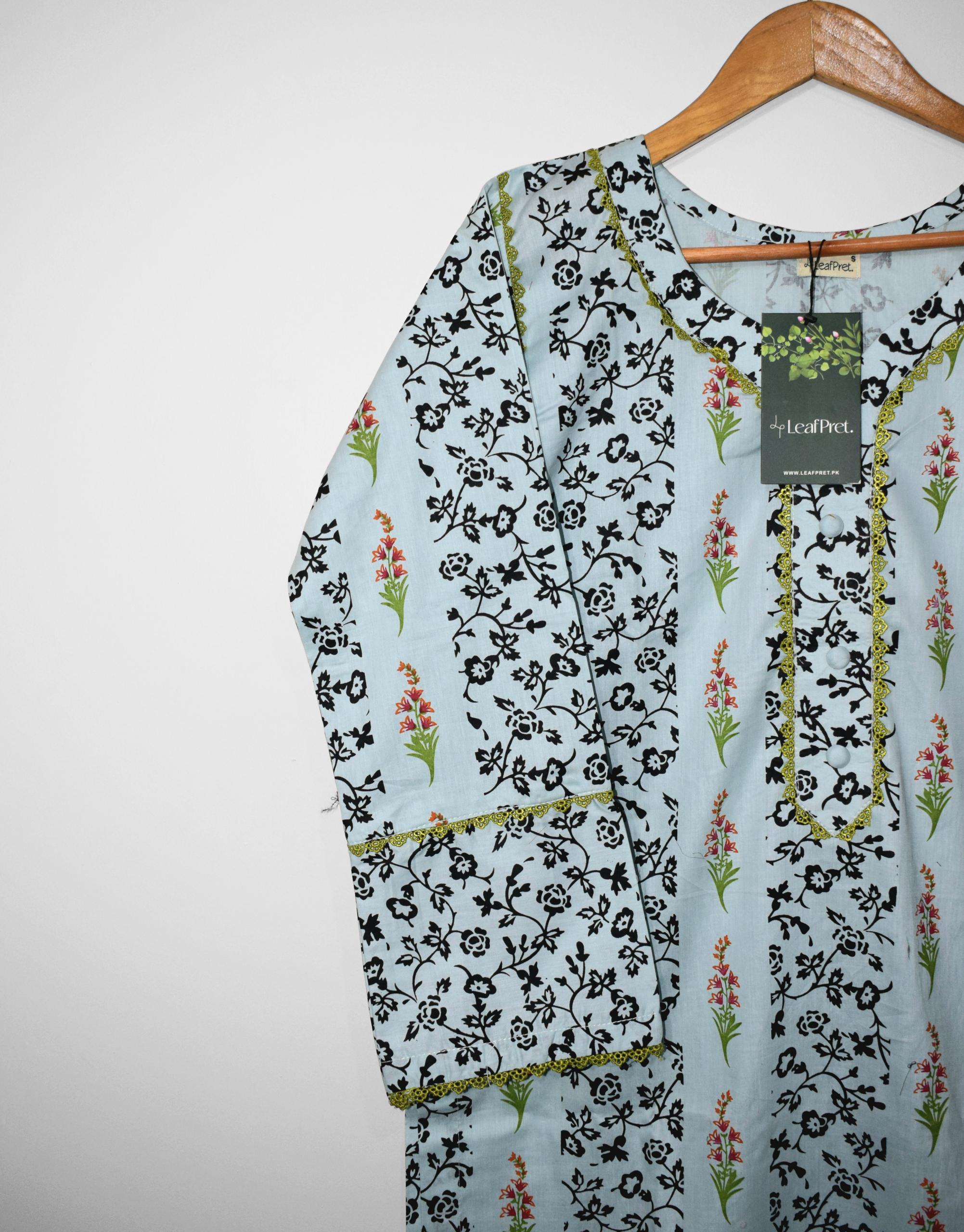 Bloomline 2-piece stitched cotton suit with black floral screen prints and lace detailing by LeafPret