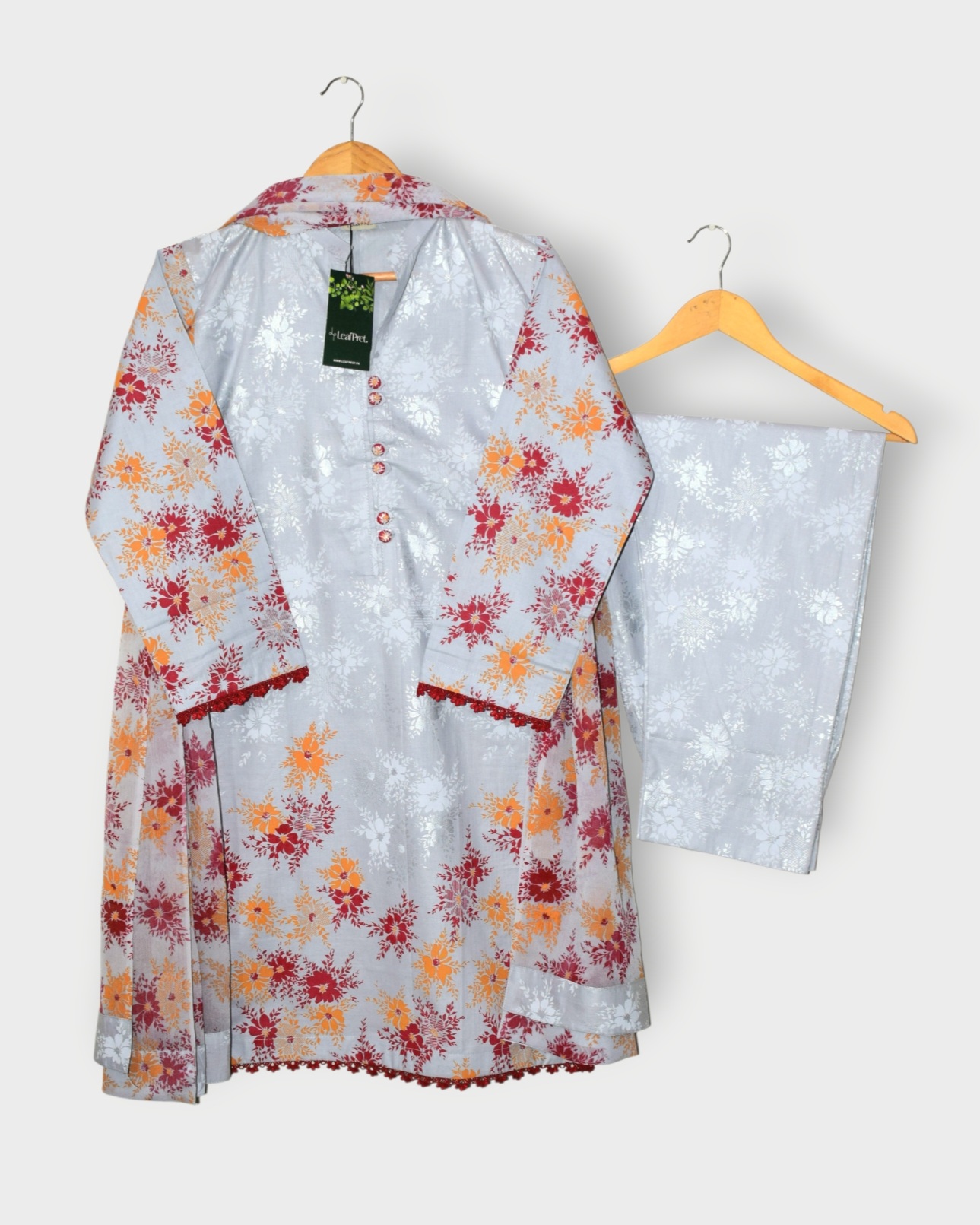 Frosted Pearl 3 piece stitched cotton suit with chiffon dupatta by LeafPret