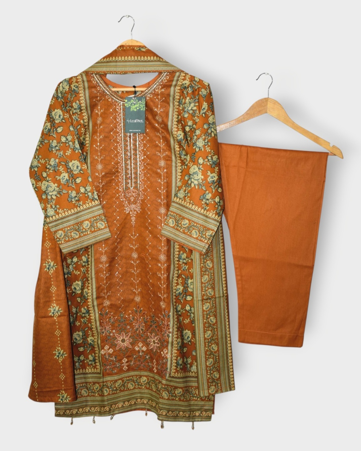 Rangrez 3 piece embroidered stitched lawn suit for Eid 2026 in ruby red and mustard gold by LeafPret