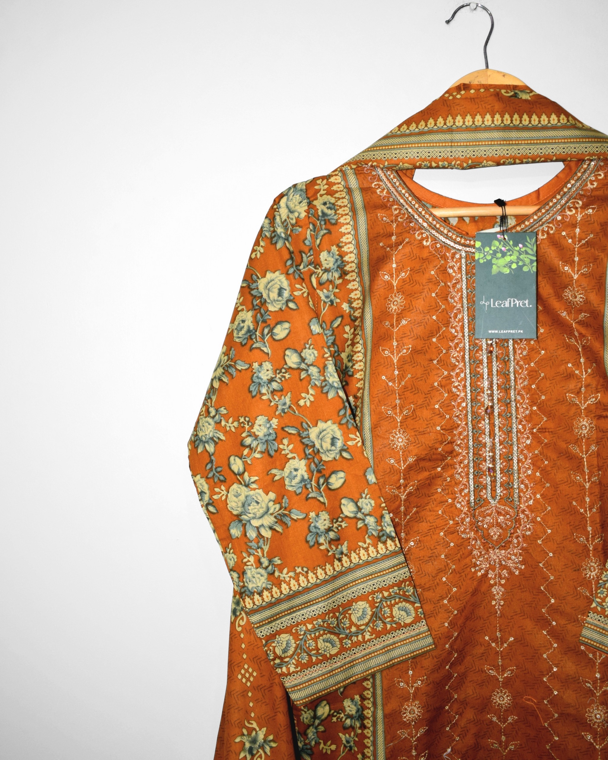 Close up embroidery detail of Rangrez lawn suit neckline for Eid 2026