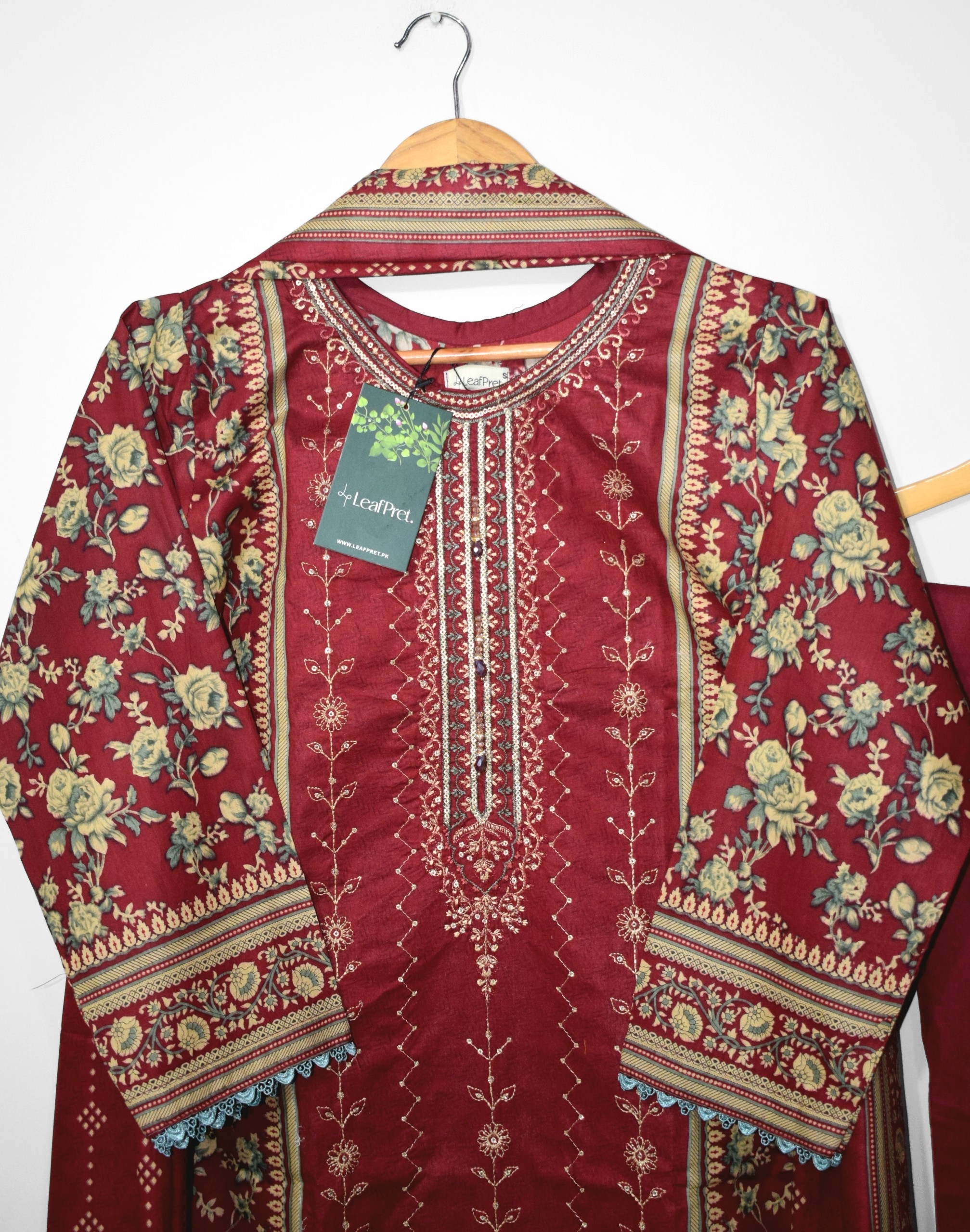 Close up embroidery detail of Rangrez lawn suit neckline for Eid 2026