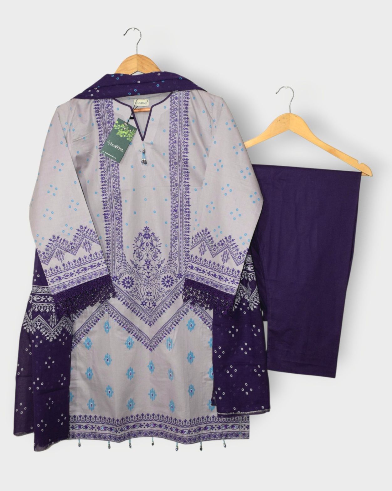 Royal Violet 3 piece stitched lawn cotton Eid suit by LeafPret full look