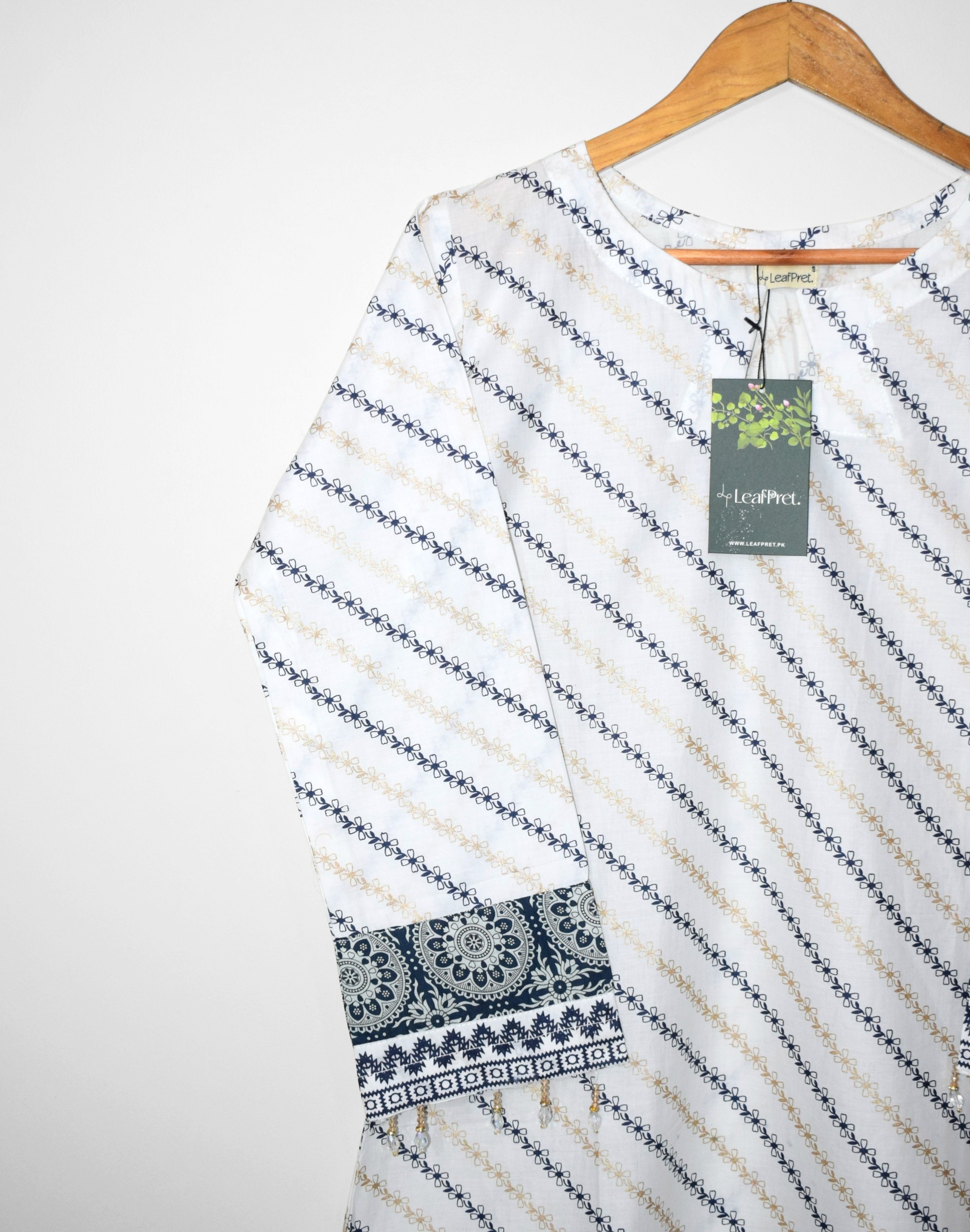 Safina Blue short shirt screen print closeup