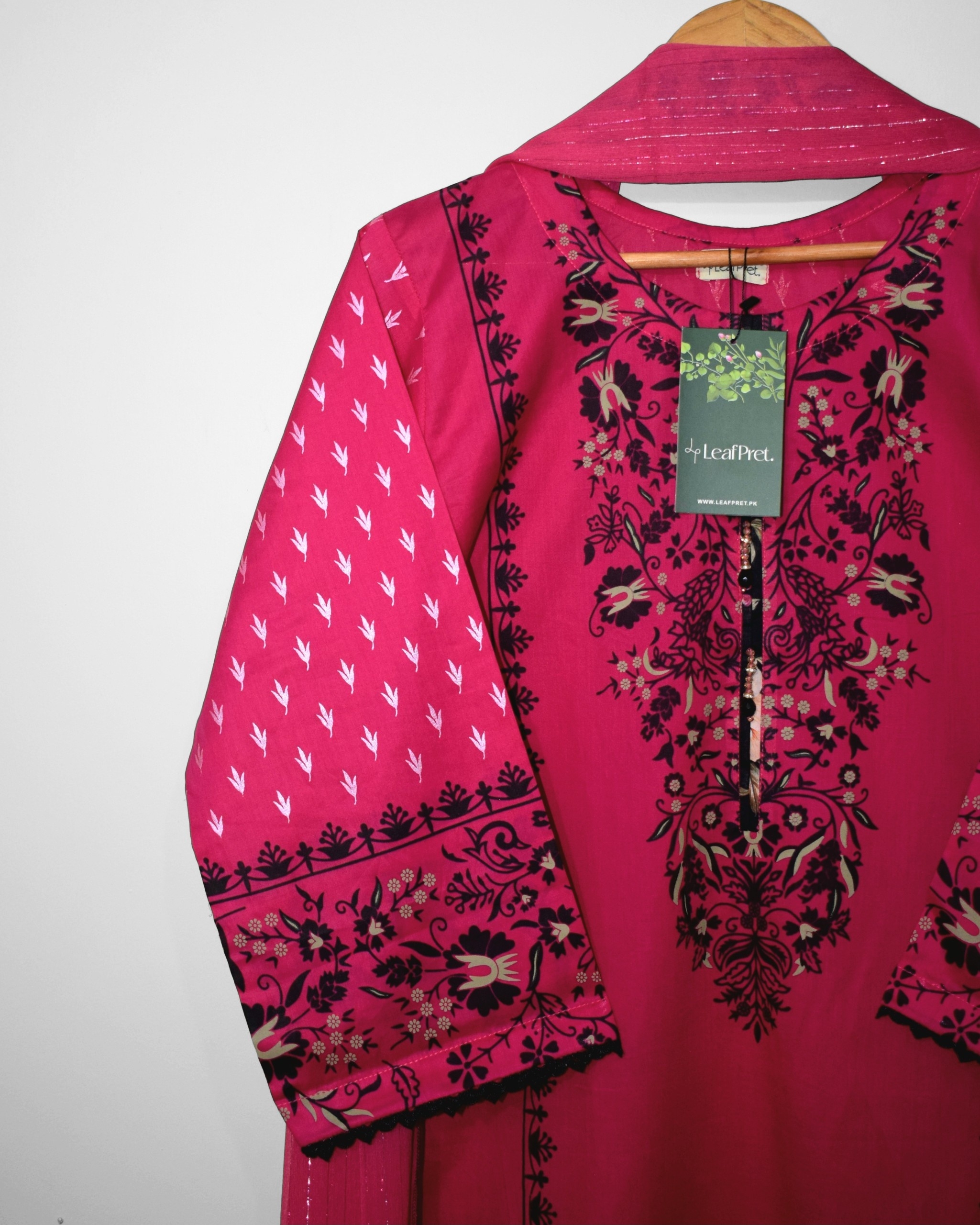 Atishi LeafPret lawn shirt neckline tassel detail screen print