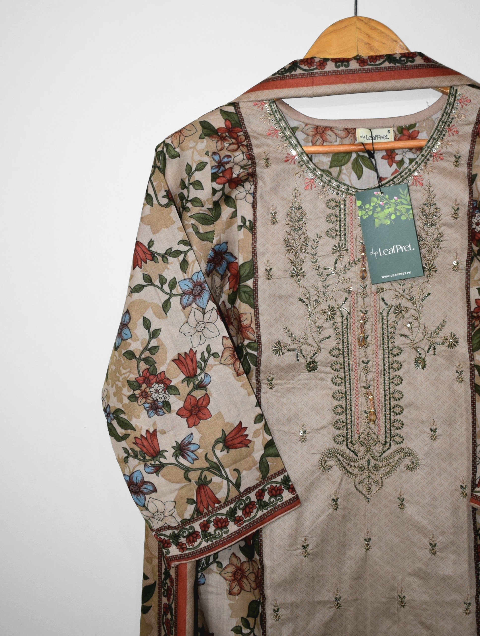 Sandstone LeafPret lawn shirt panel embroidery close up with floral digital print