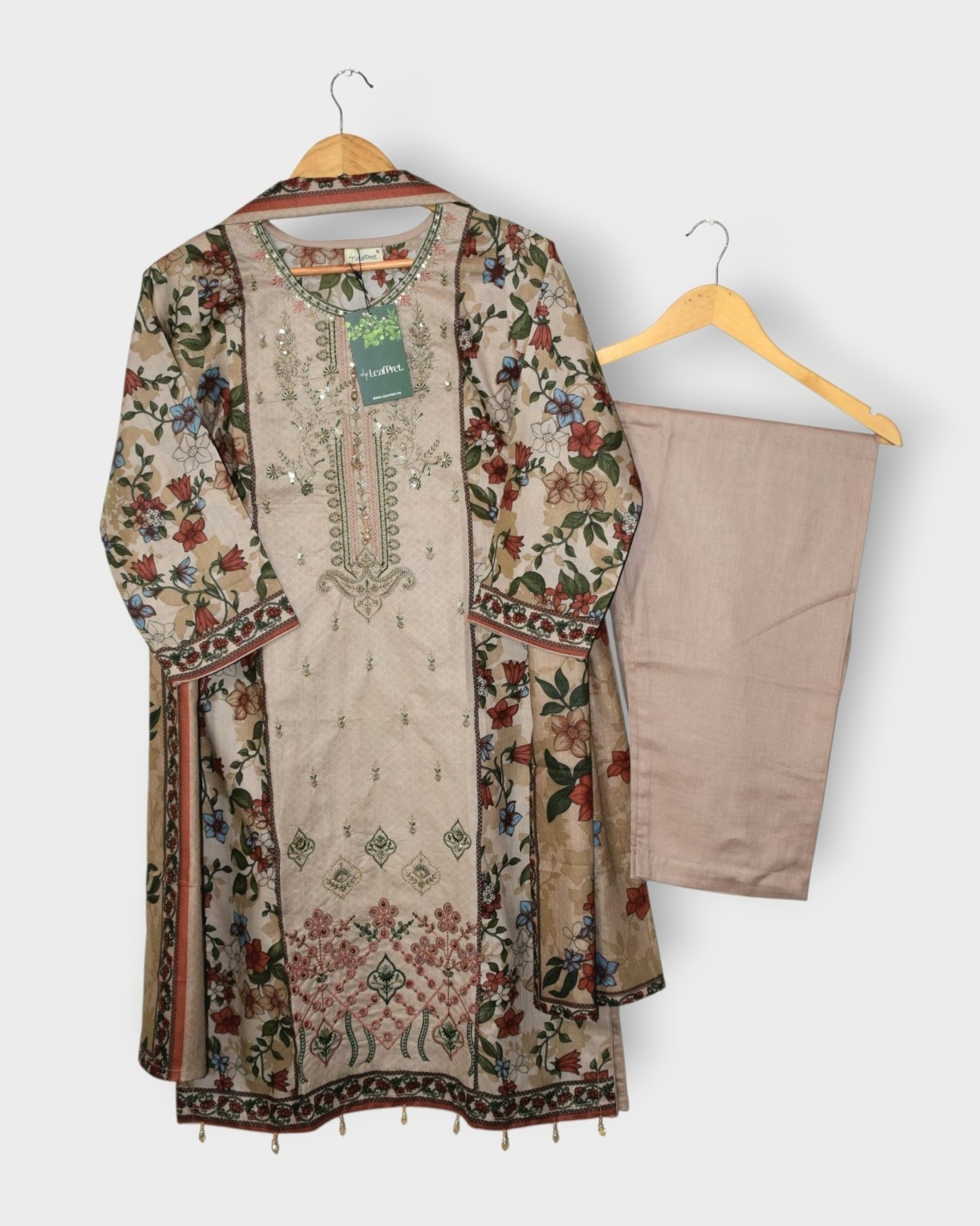 Sandstone by LeafPret 3 piece lawn embroidered suit Eid 2026 full look with digital print lawn dupatta