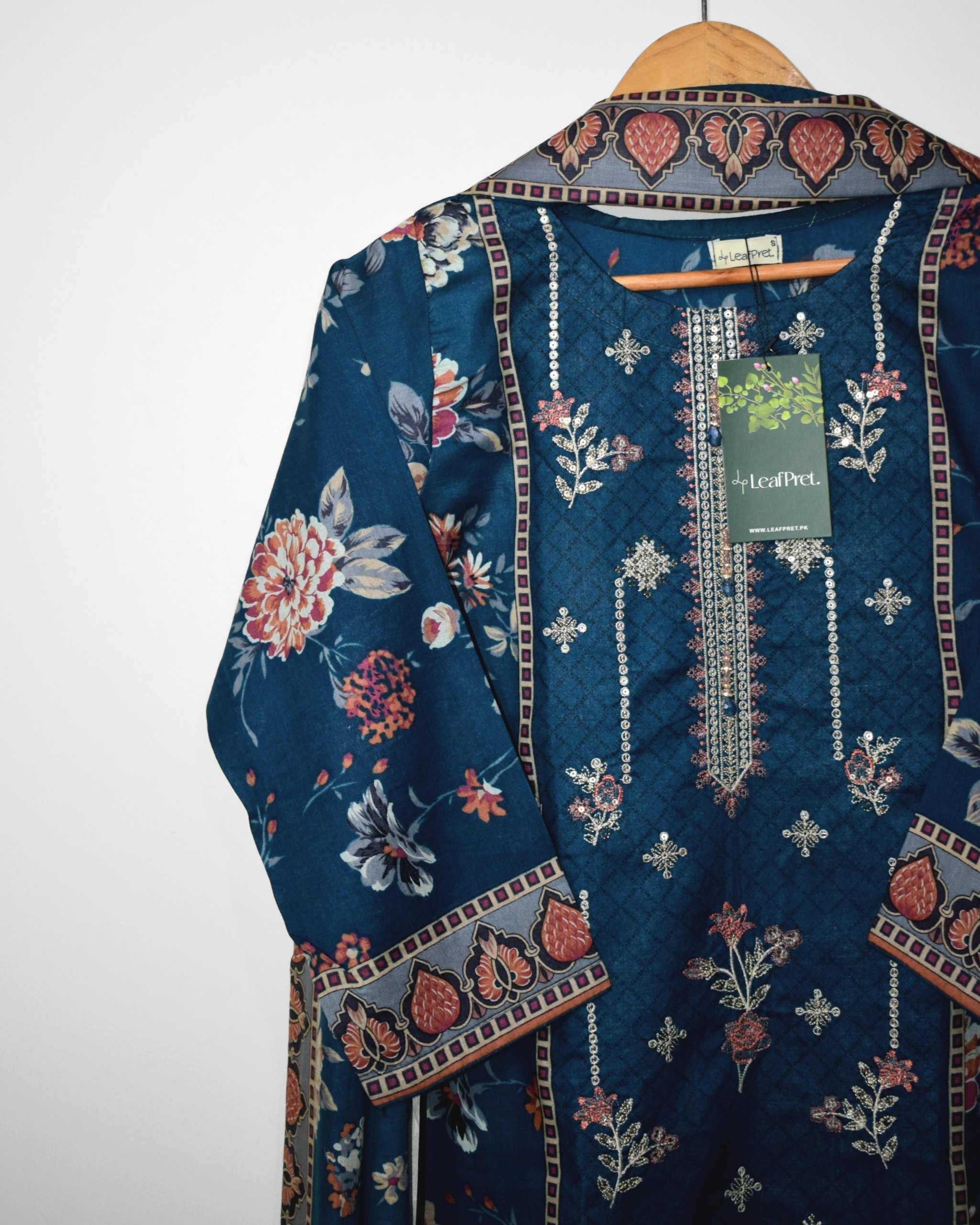 Zinc LeafPret lawn shirt panel embroidery close up with digital floral print