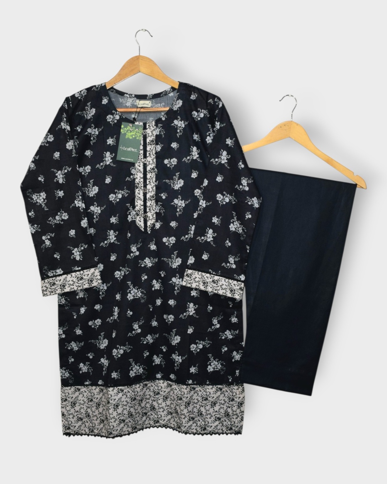 Black 2 piece stitched lawn suit with white floral digital print, elegant summer wear by LeafPret Pakistan