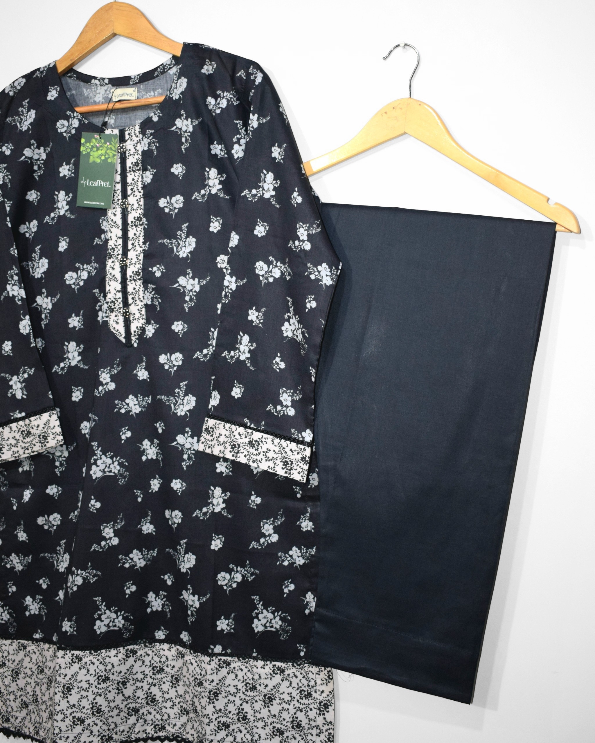 Plain black lawn trouser, straight cut stitched summer wear matching floral printed shirt