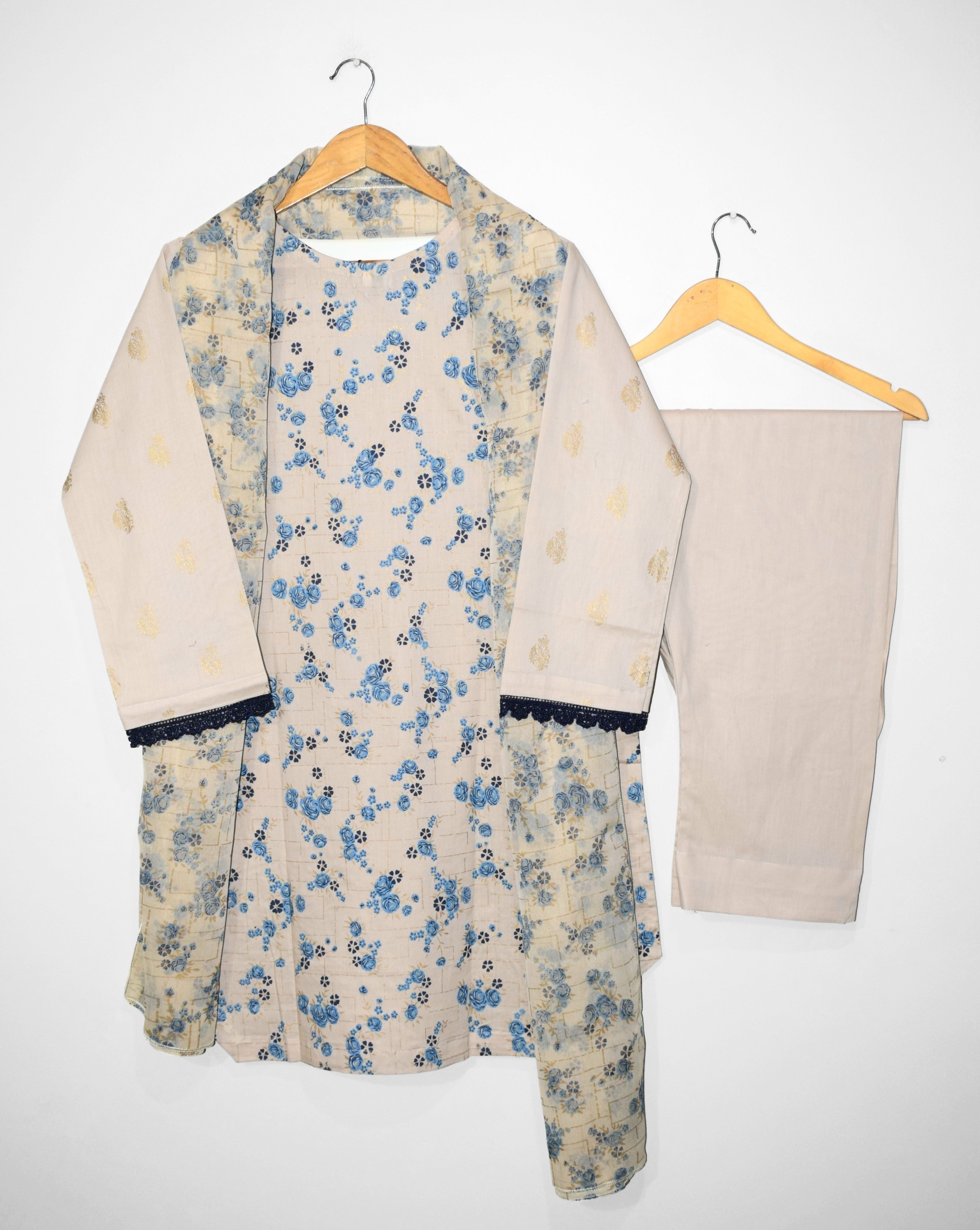 Beige Blue back design screen printed lawn shirt stitched suit Pakistan