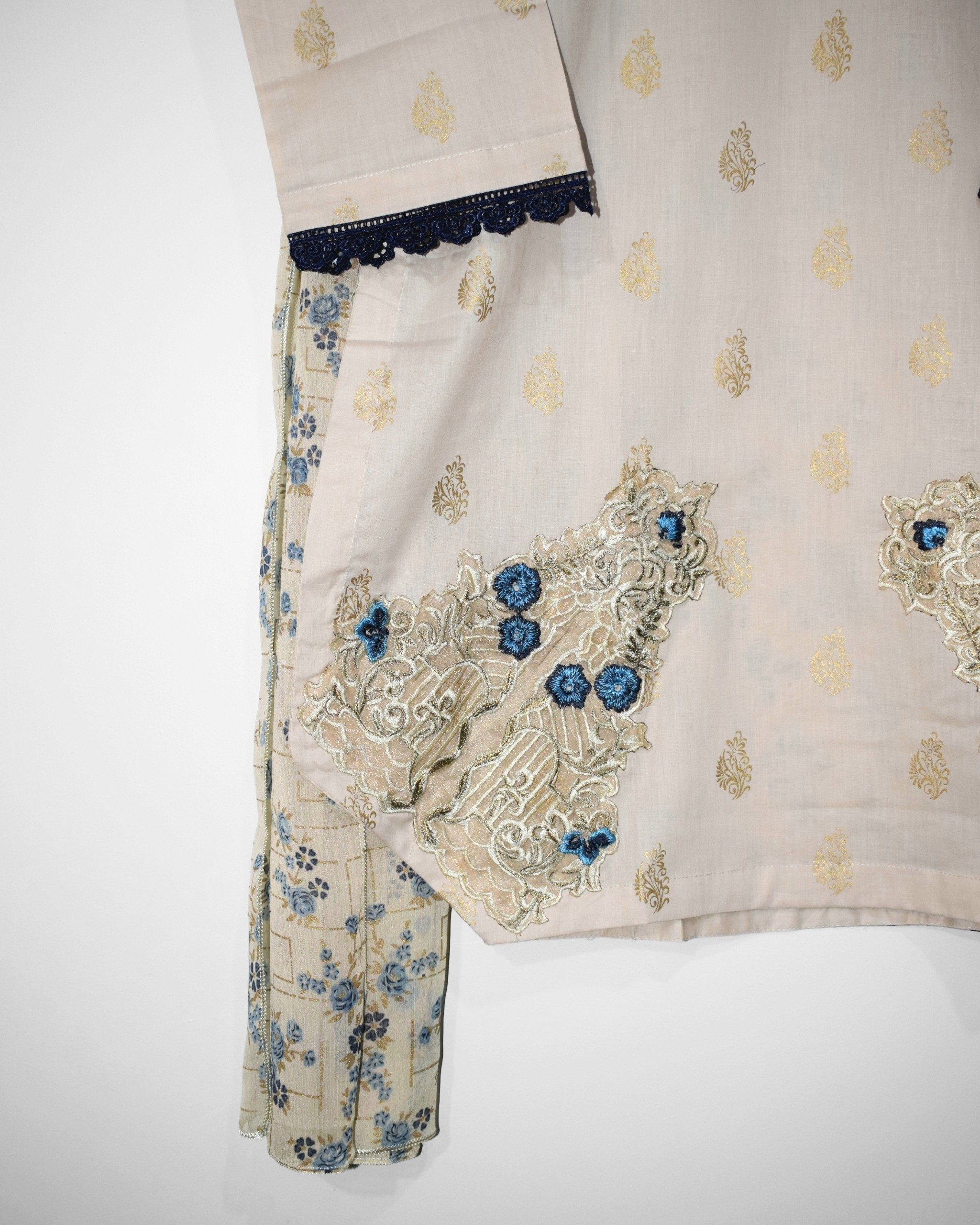 Beige Blue daman embroidery patches with floral blue design stitched suit