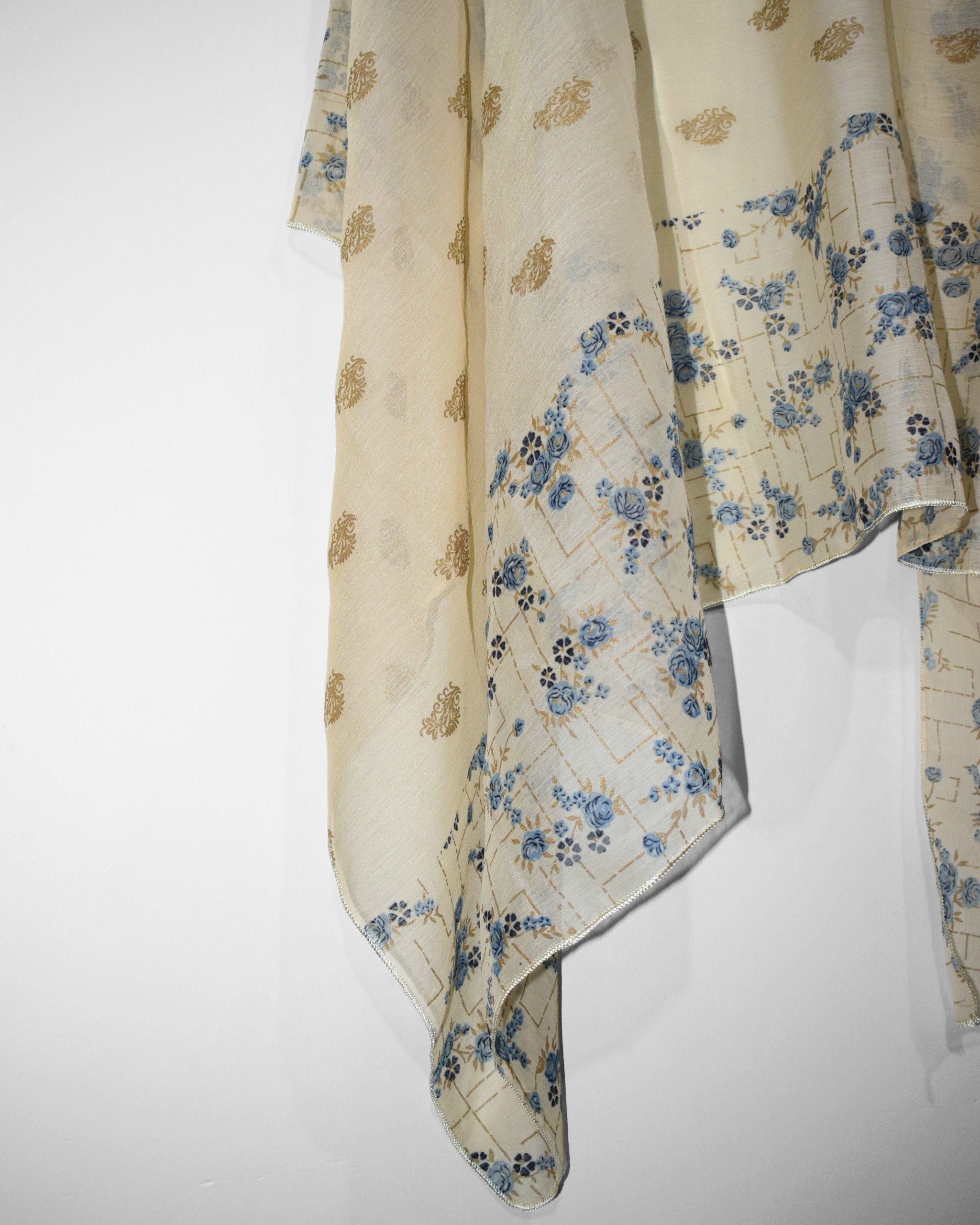 Beige Blue chiffon dupatta with floral screen print lightweight elegant design Pakistan