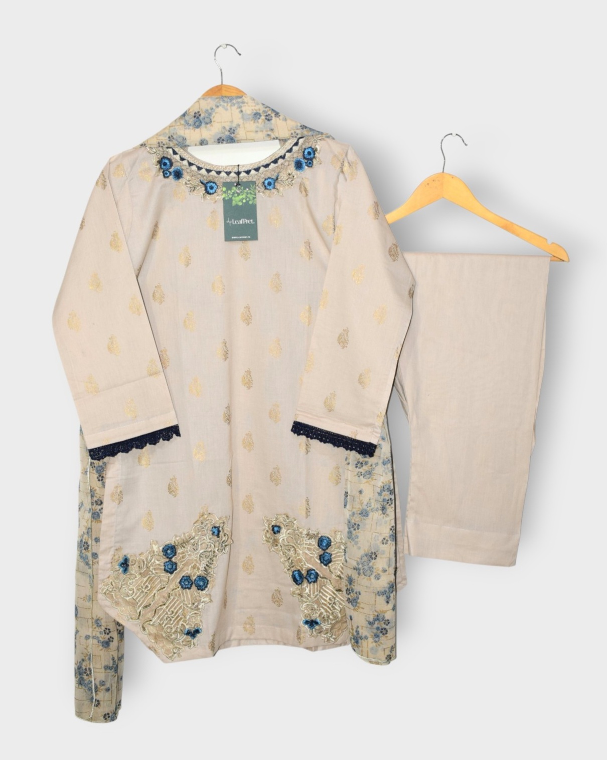 Beige Blue 3 piece stitched embroidered lawn suit full look with chiffon dupatta Pakistan