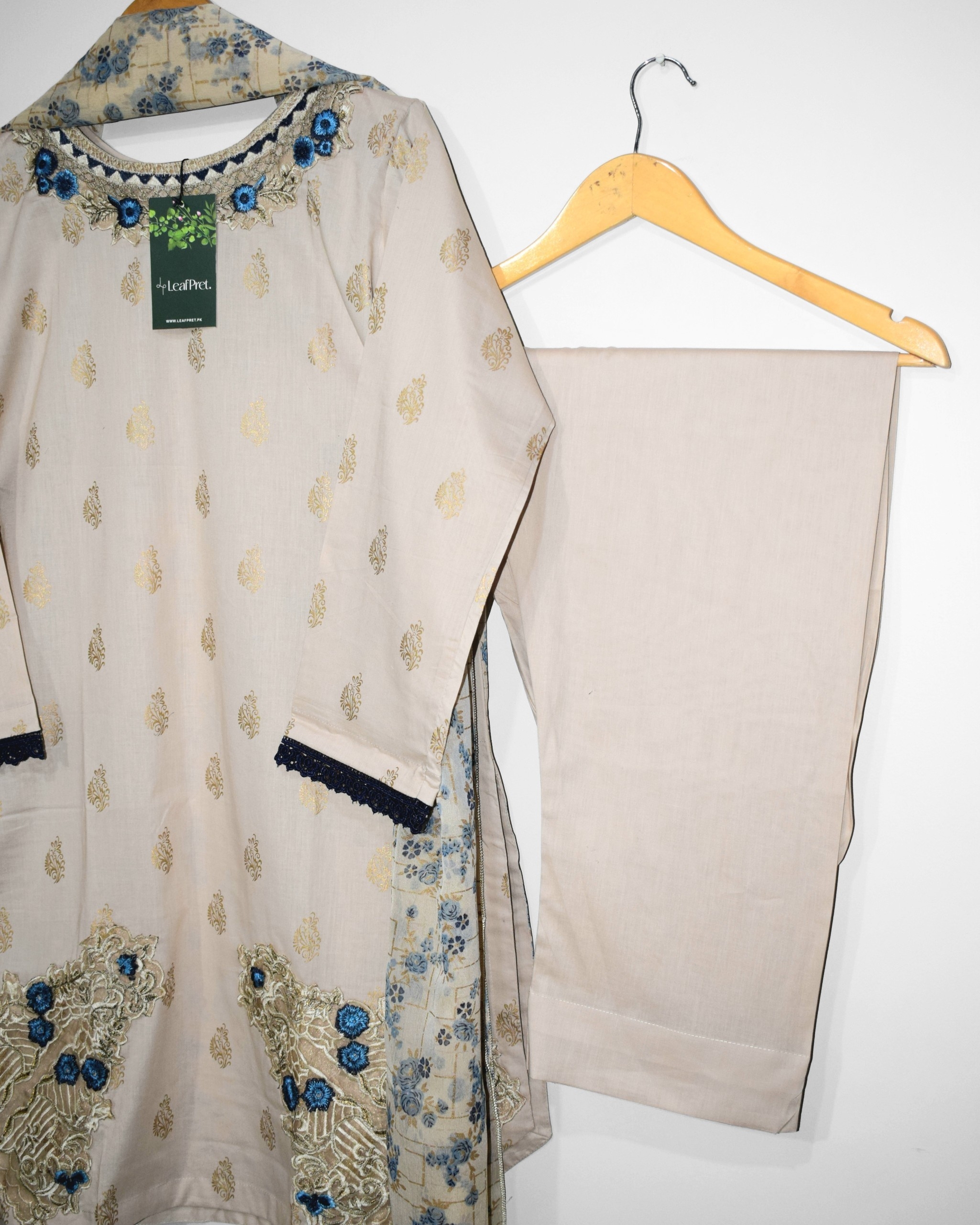 Beige plain dyed lawn trouser stitched suit LeafPret
